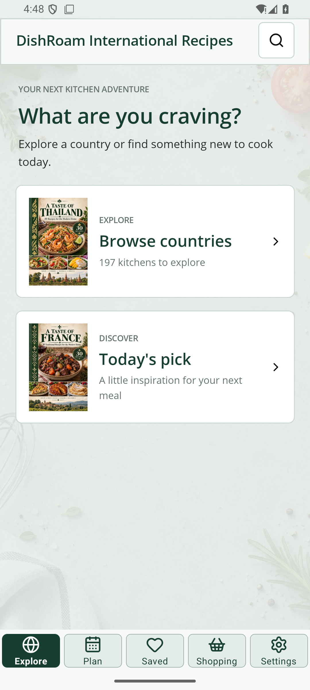 Actual DishRoam Android home screen