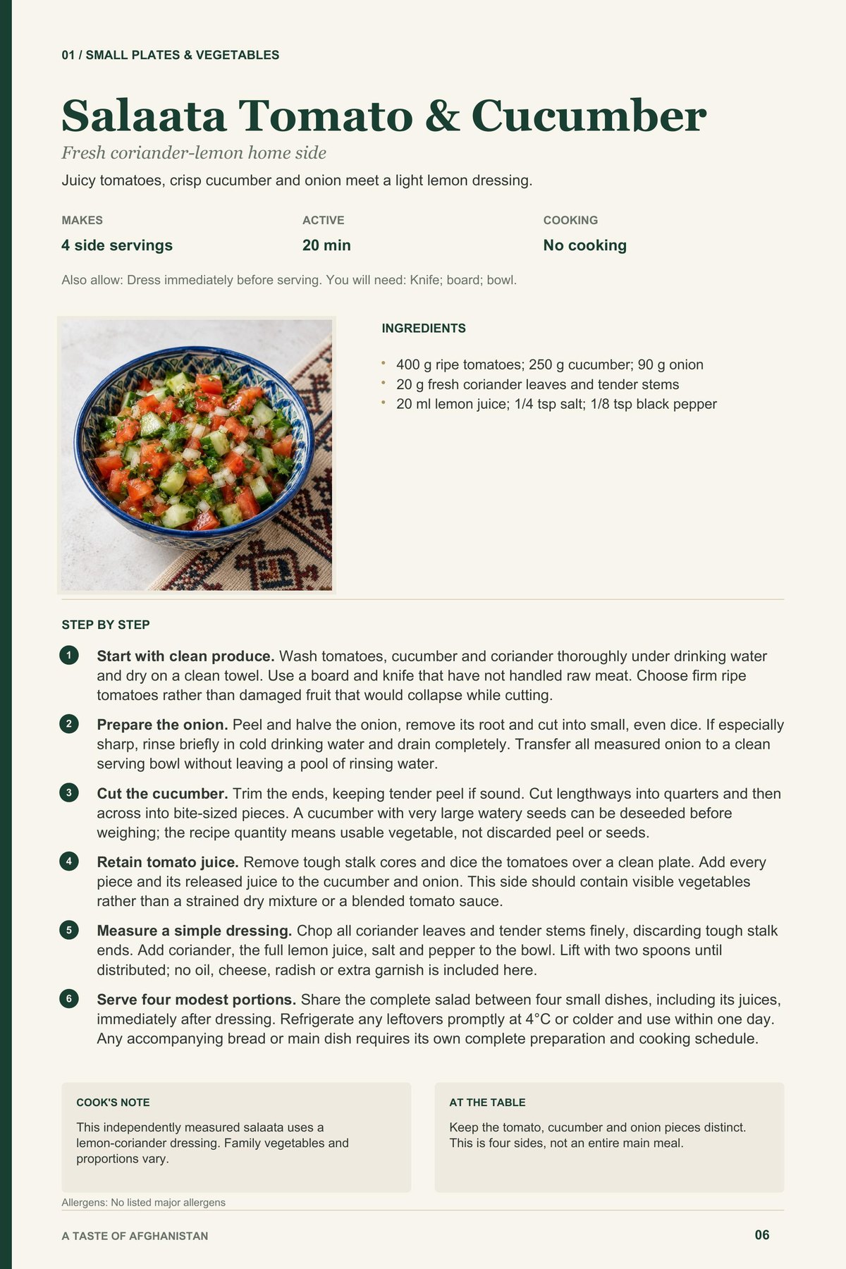 Salaata Tomato & Cucumber recipe page from A Taste of Afghanistan