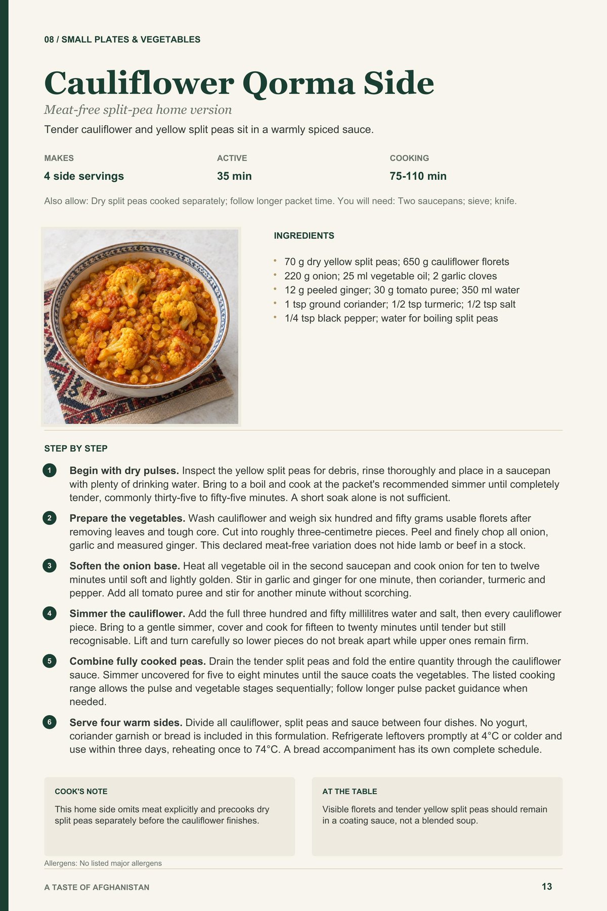 Cauliflower Qorma Side recipe page from A Taste of Afghanistan