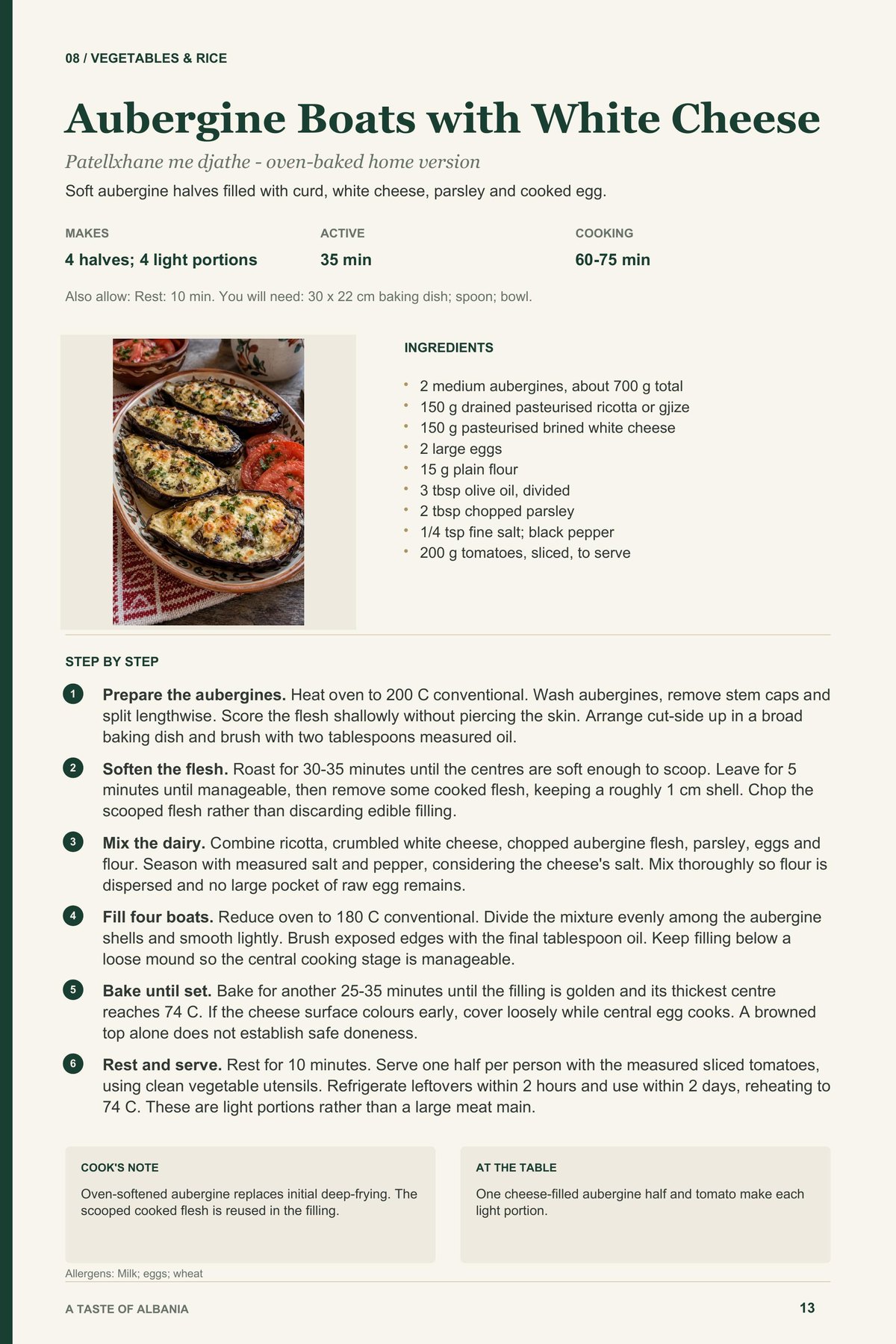 Aubergine Boats with White Cheese recipe page from A Taste of Albania