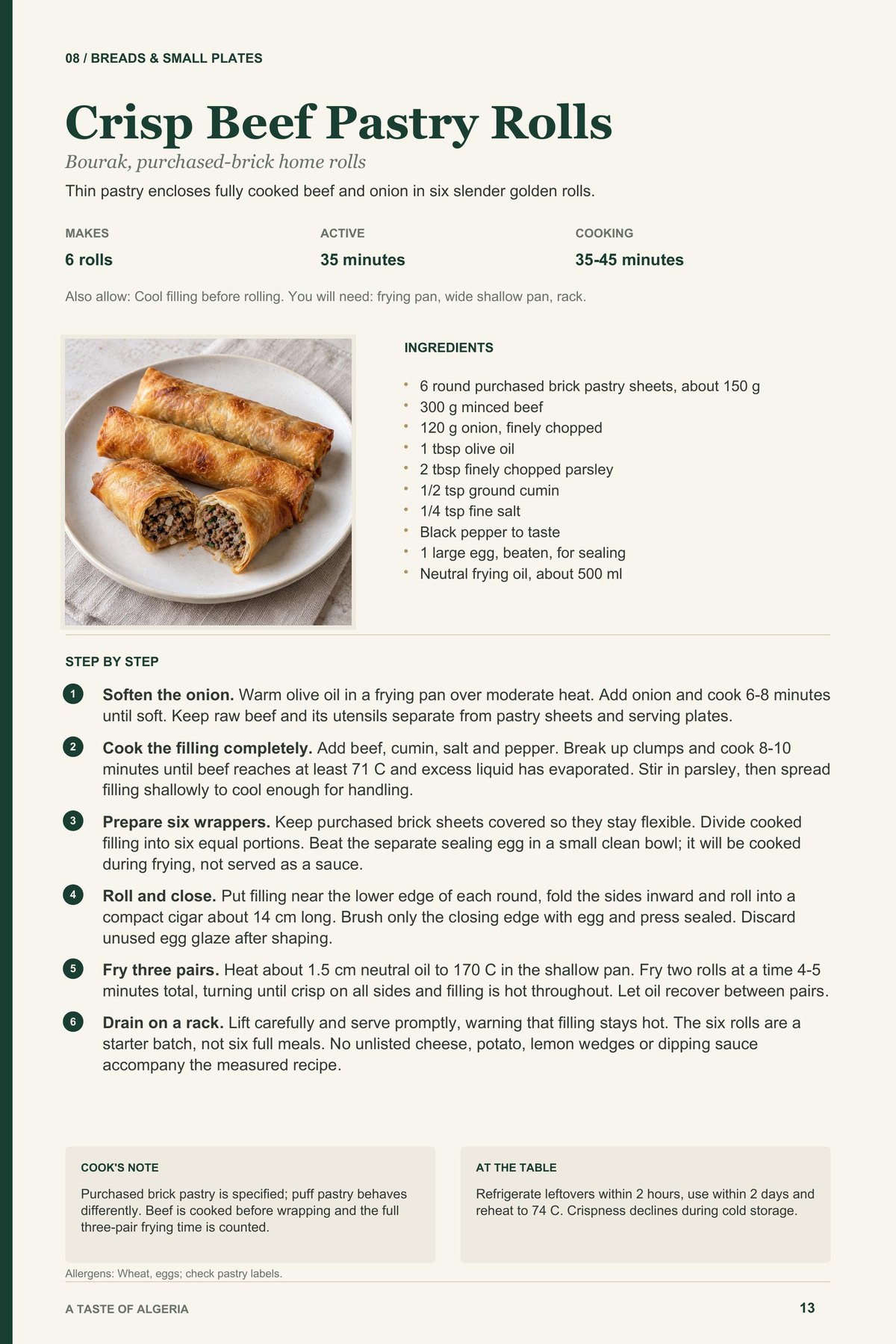 Crisp Beef Pastry Rolls recipe page from A Taste of Algeria