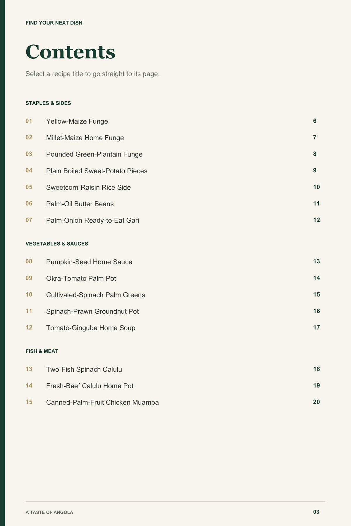 Contents, page 1 from A Taste of Angola