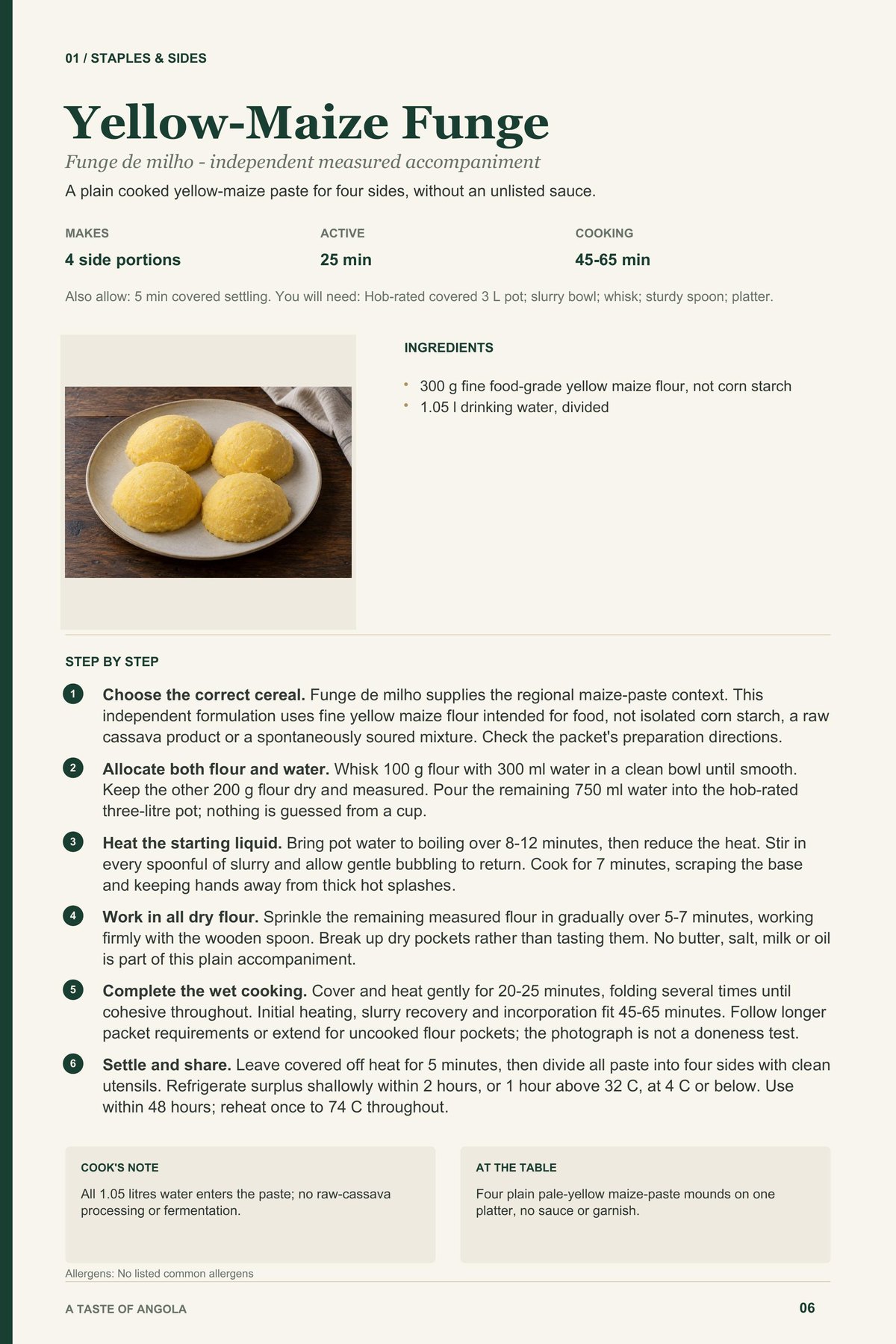 Yellow-Maize Funge recipe page from A Taste of Angola