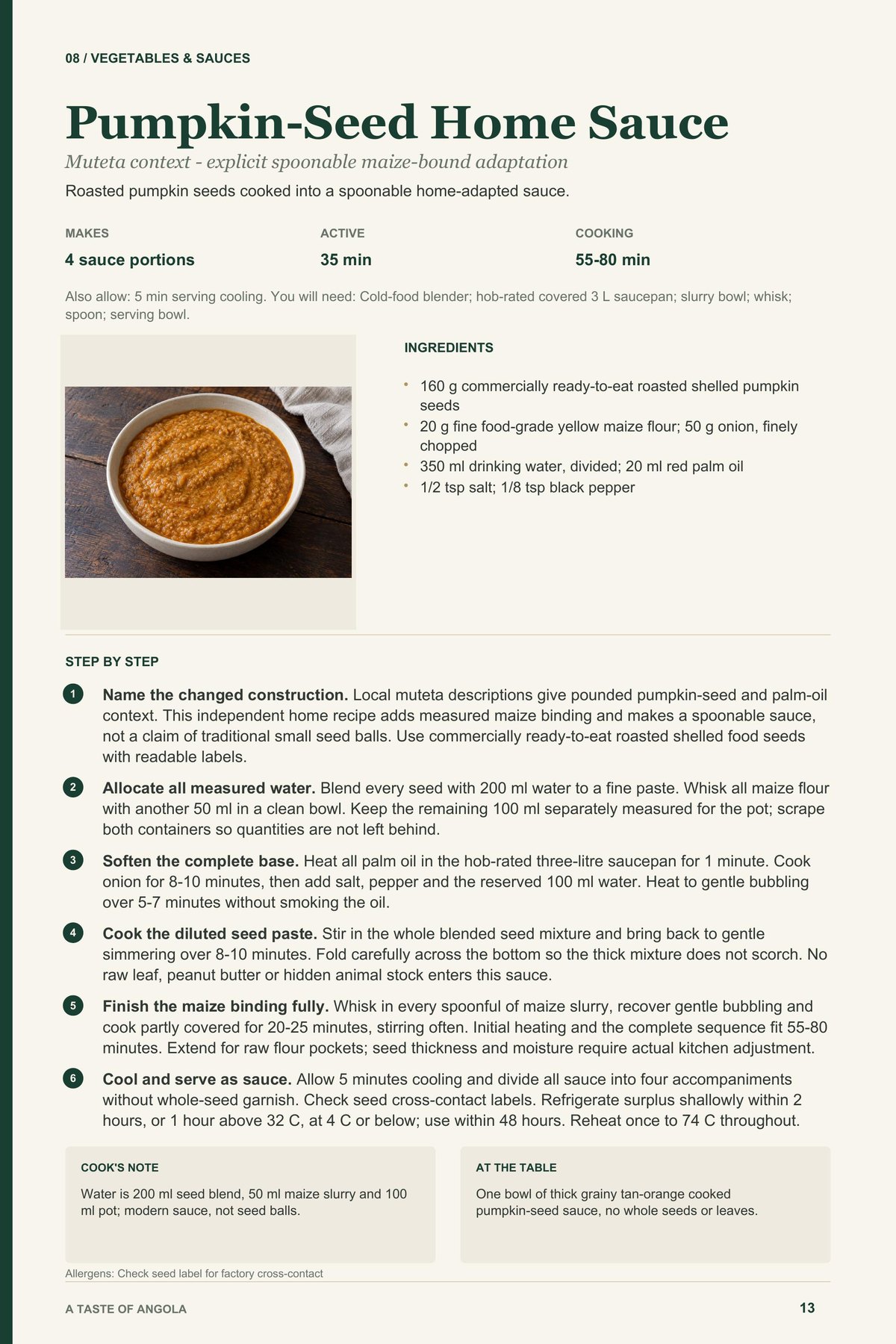 Pumpkin-Seed Home Sauce recipe page from A Taste of Angola