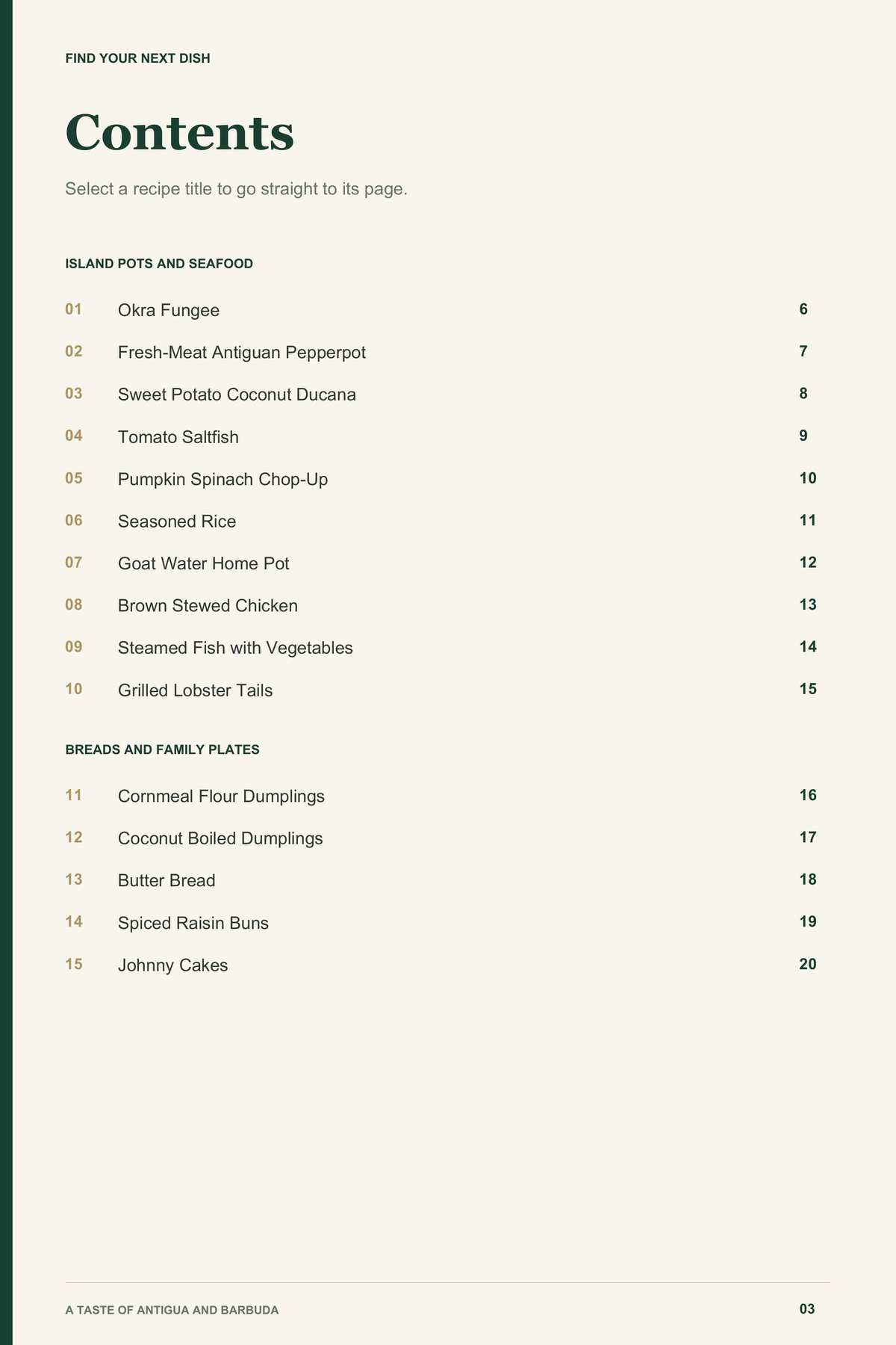 Contents, page 1 from A Taste of Antigua and Barbuda