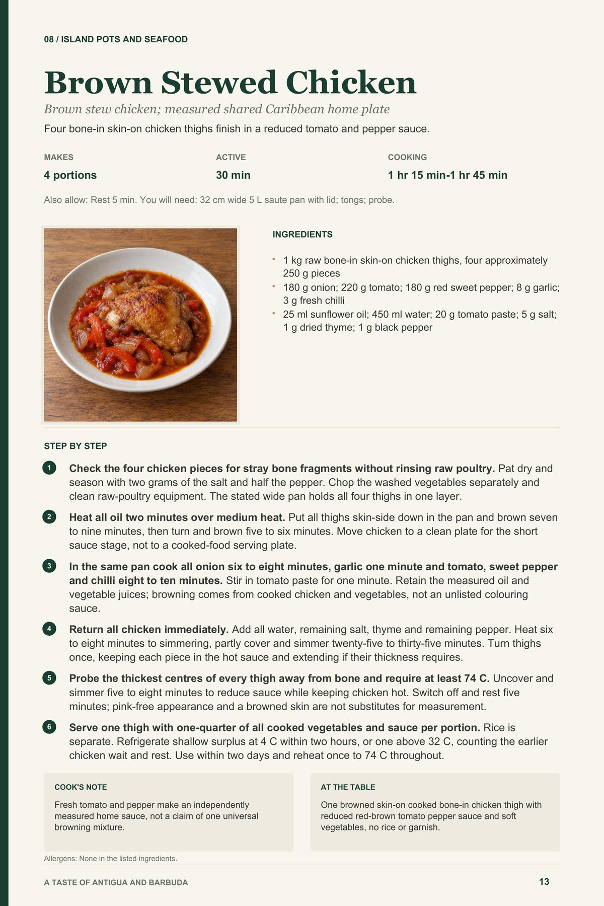 Brown Stewed Chicken recipe page from A Taste of Antigua and Barbuda