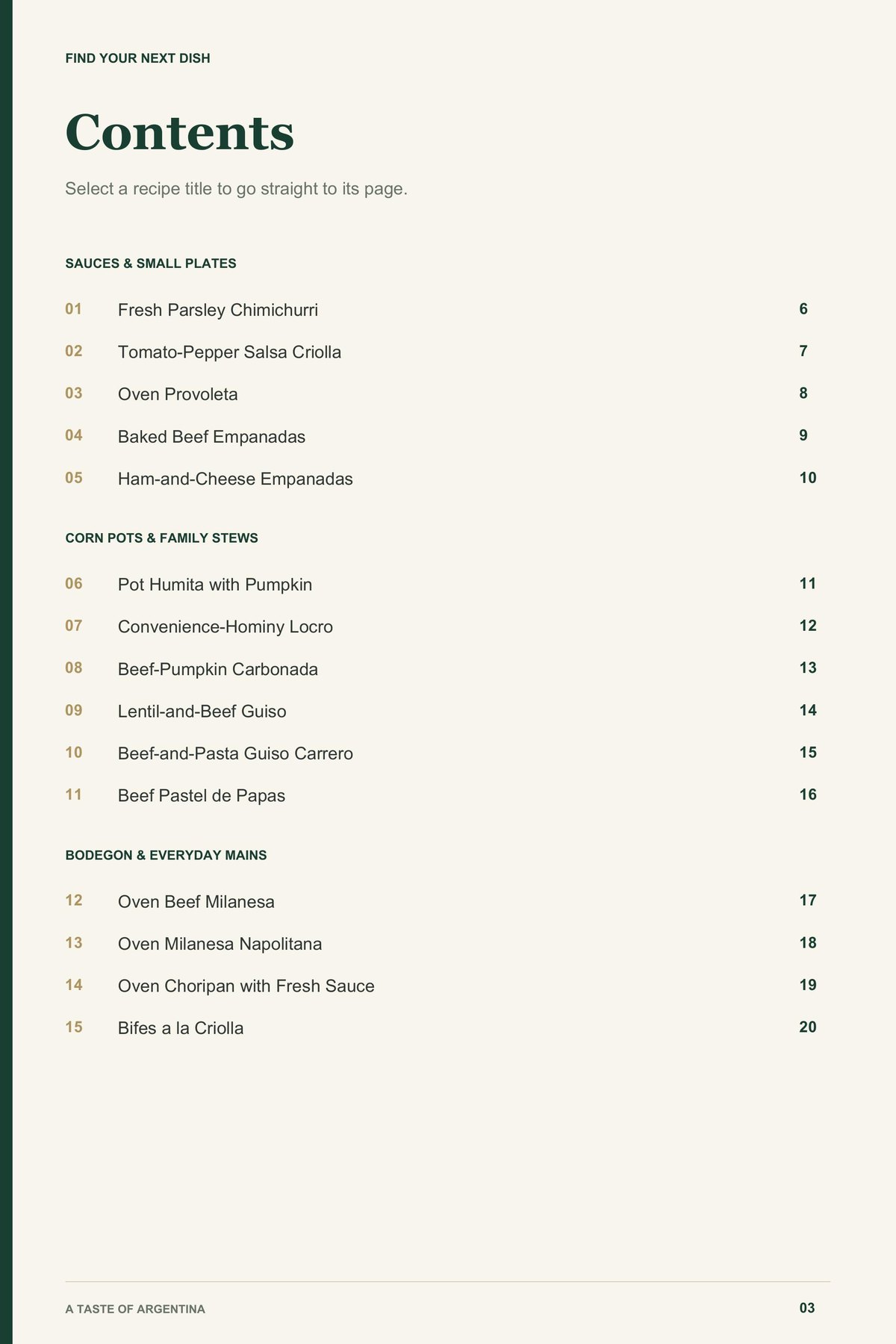 Contents, page 1 from A Taste of Argentina