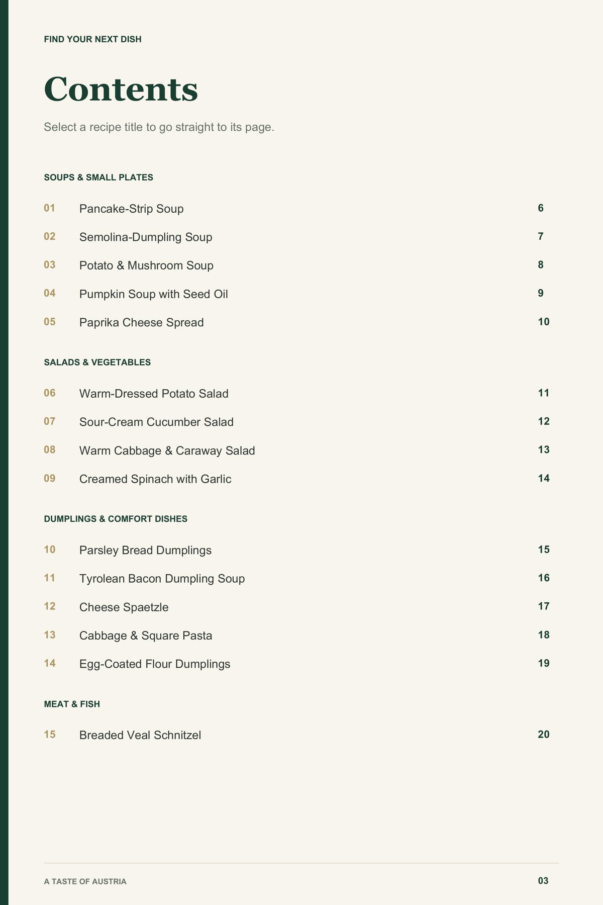 Contents, page 1 from A Taste of Austria