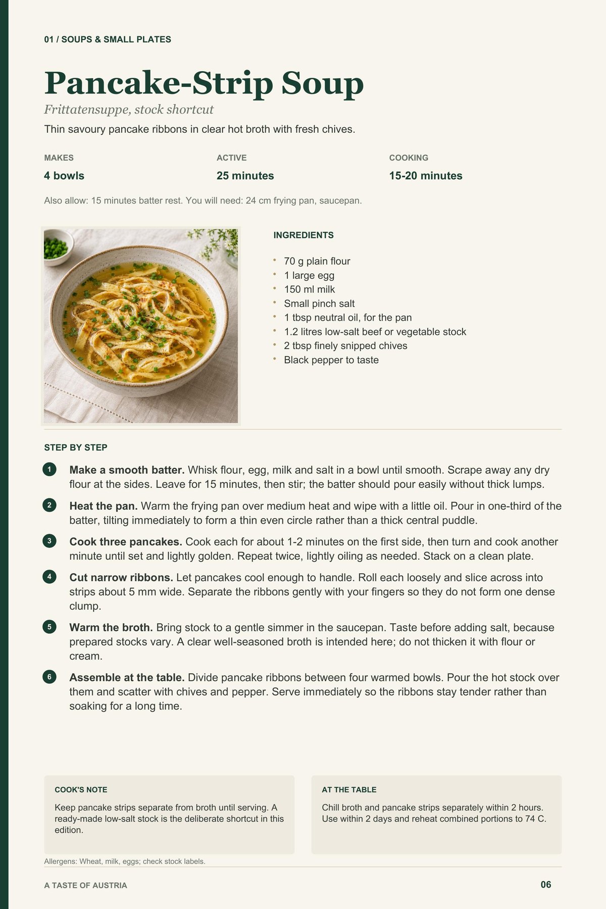 Pancake-Strip Soup recipe page from A Taste of Austria