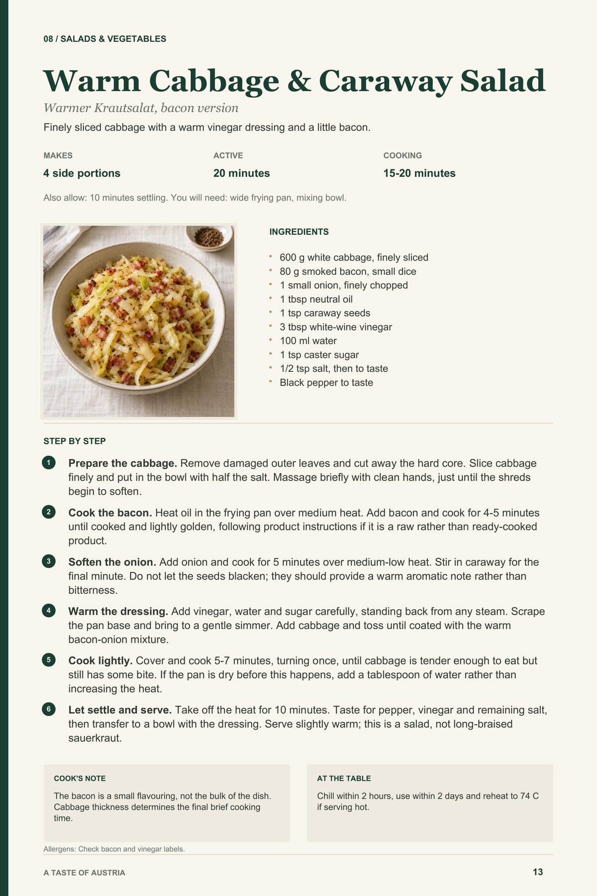 Warm Cabbage & Caraway Salad recipe page from A Taste of Austria