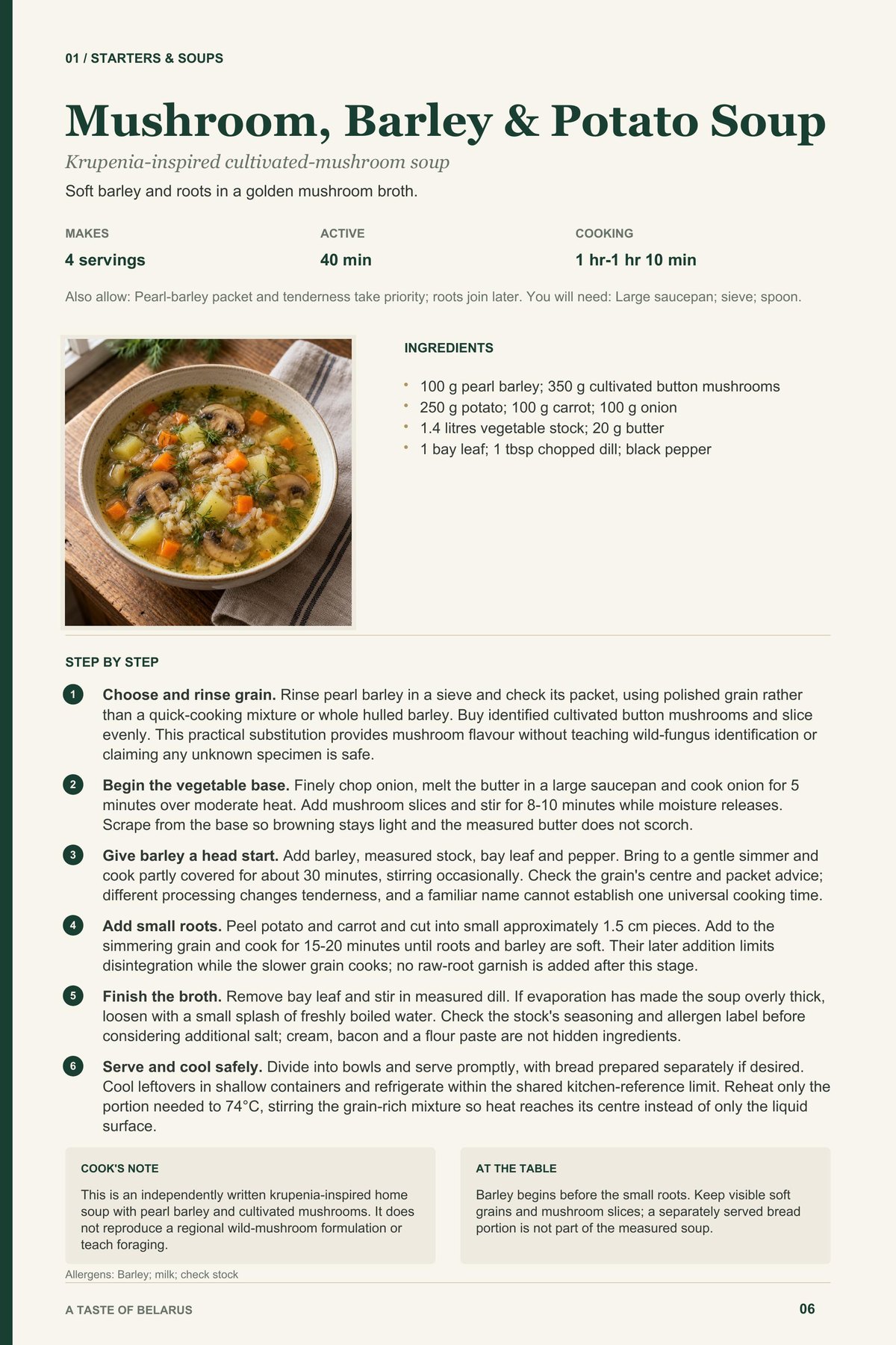 Mushroom, Barley & Potato Soup recipe page from A Taste of Belarus