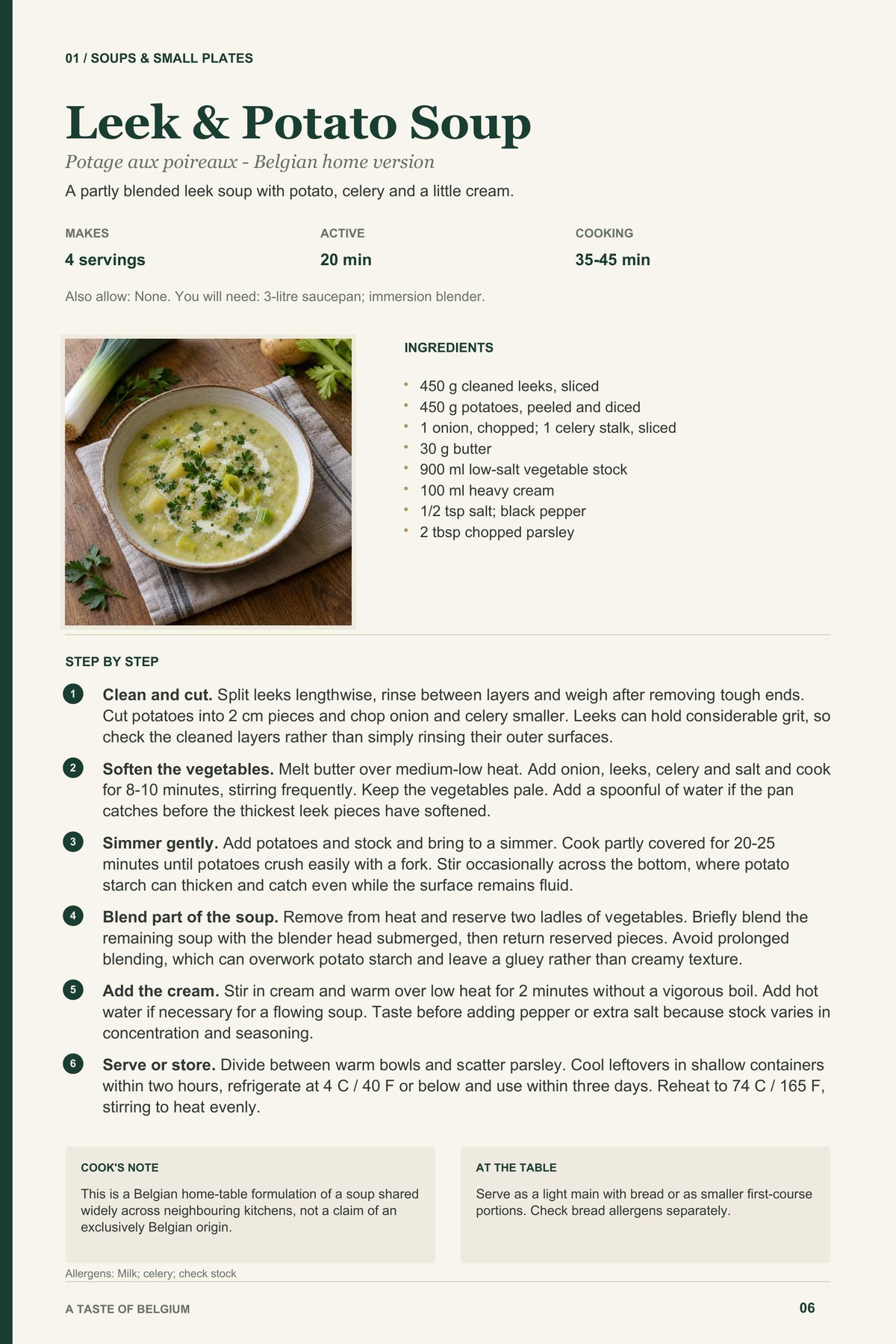 Leek & Potato Soup recipe page from A Taste of Belgium