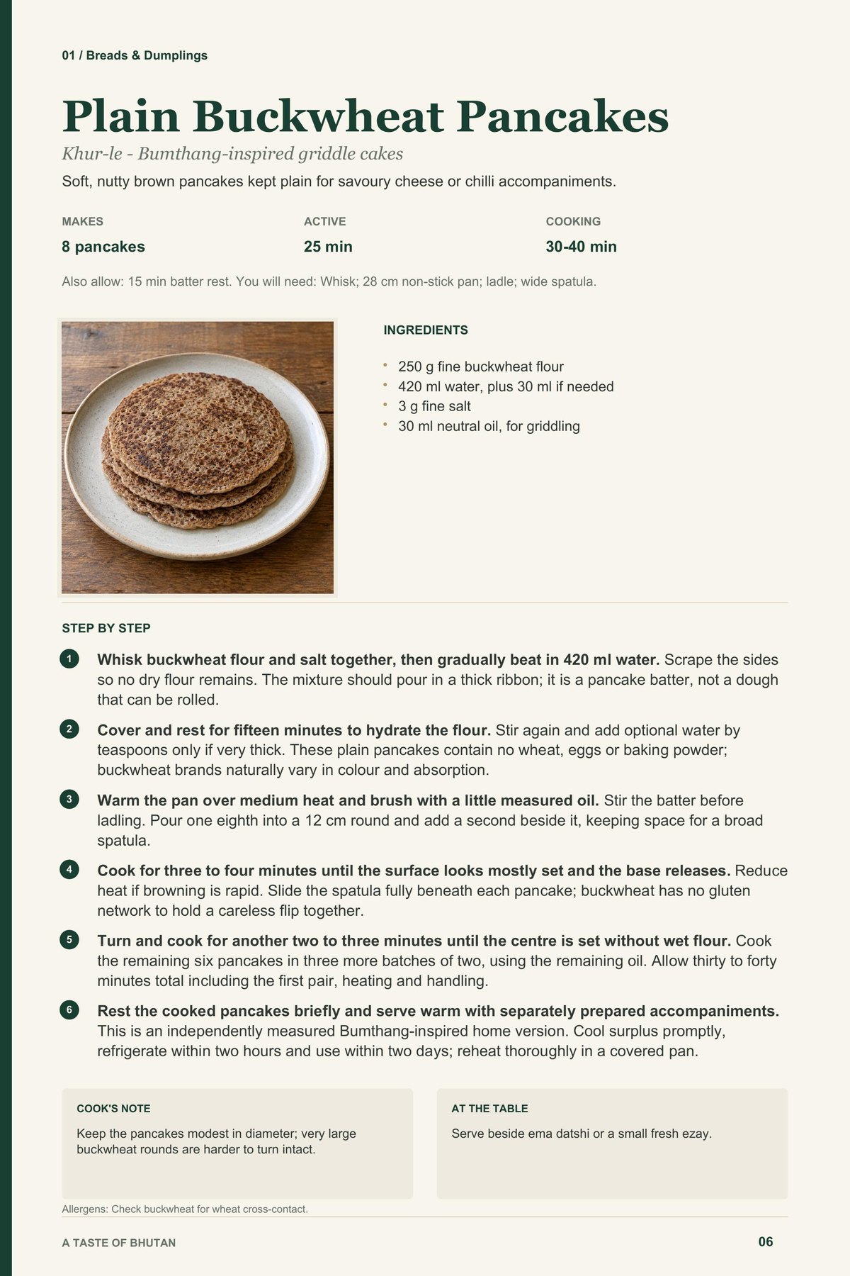 Plain Buckwheat Pancakes recipe page from A Taste of Bhutan