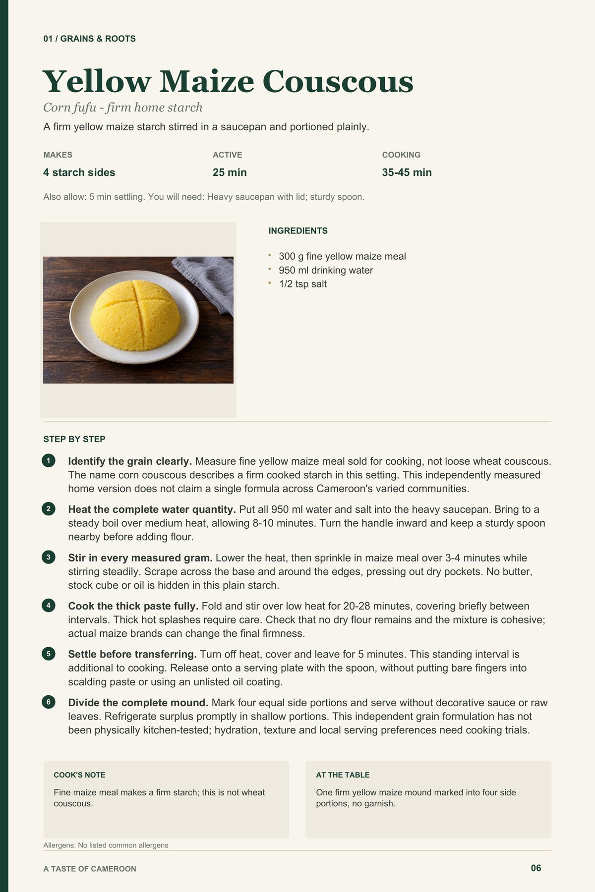 Yellow Maize Couscous recipe page from A Taste of Cameroon