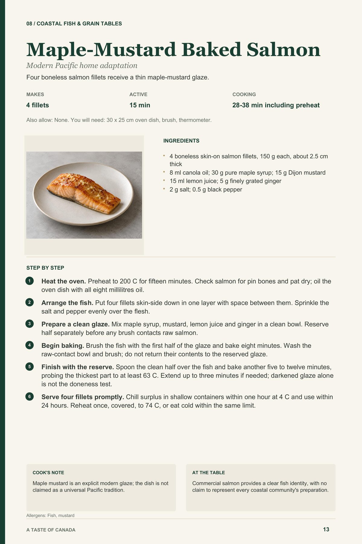 Maple-Mustard Baked Salmon recipe page from A Taste of Canada
