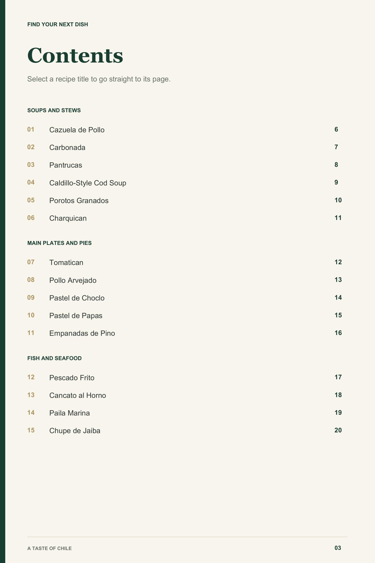 Contents, page 1 from A Taste of Chile