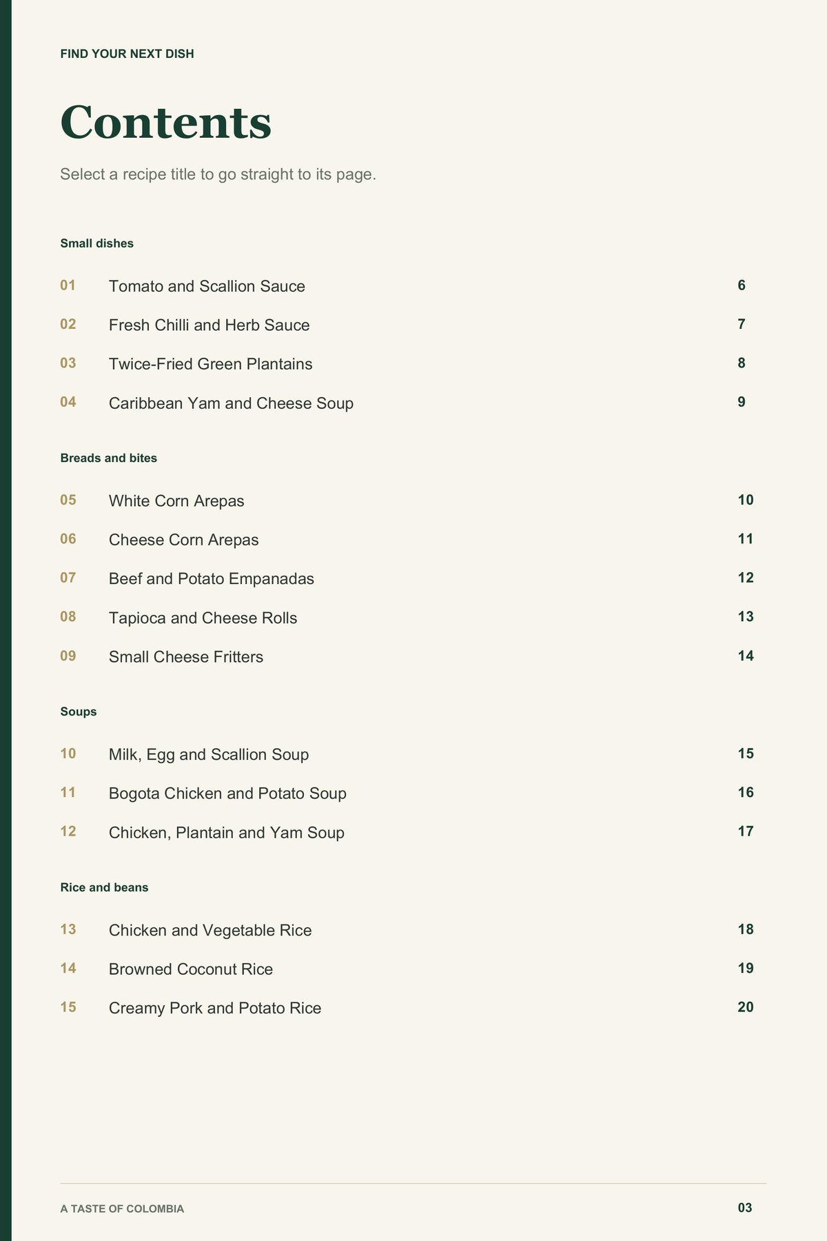 Contents, page 1 from A Taste of Colombia