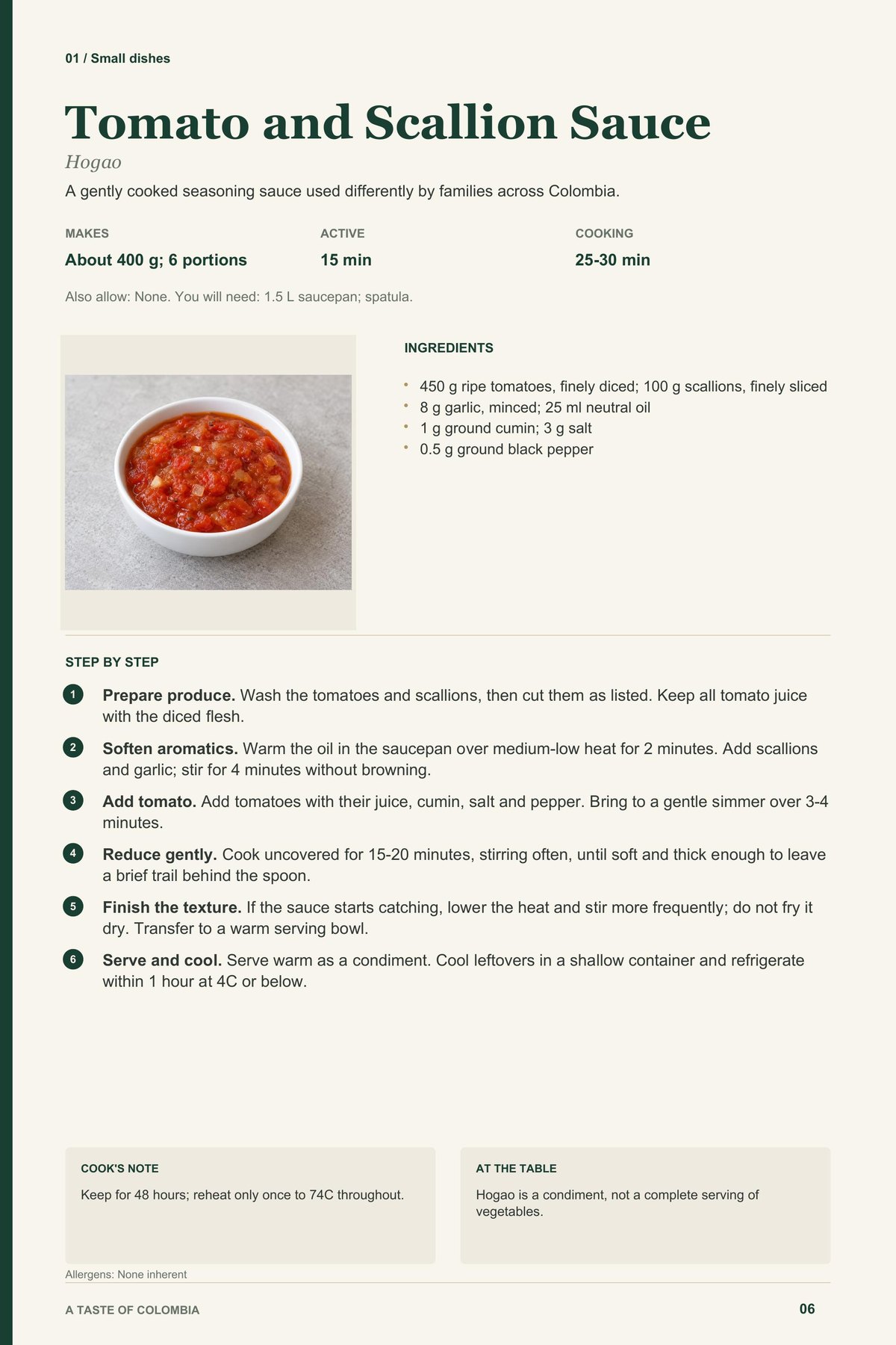 Tomato and Scallion Sauce recipe page from A Taste of Colombia