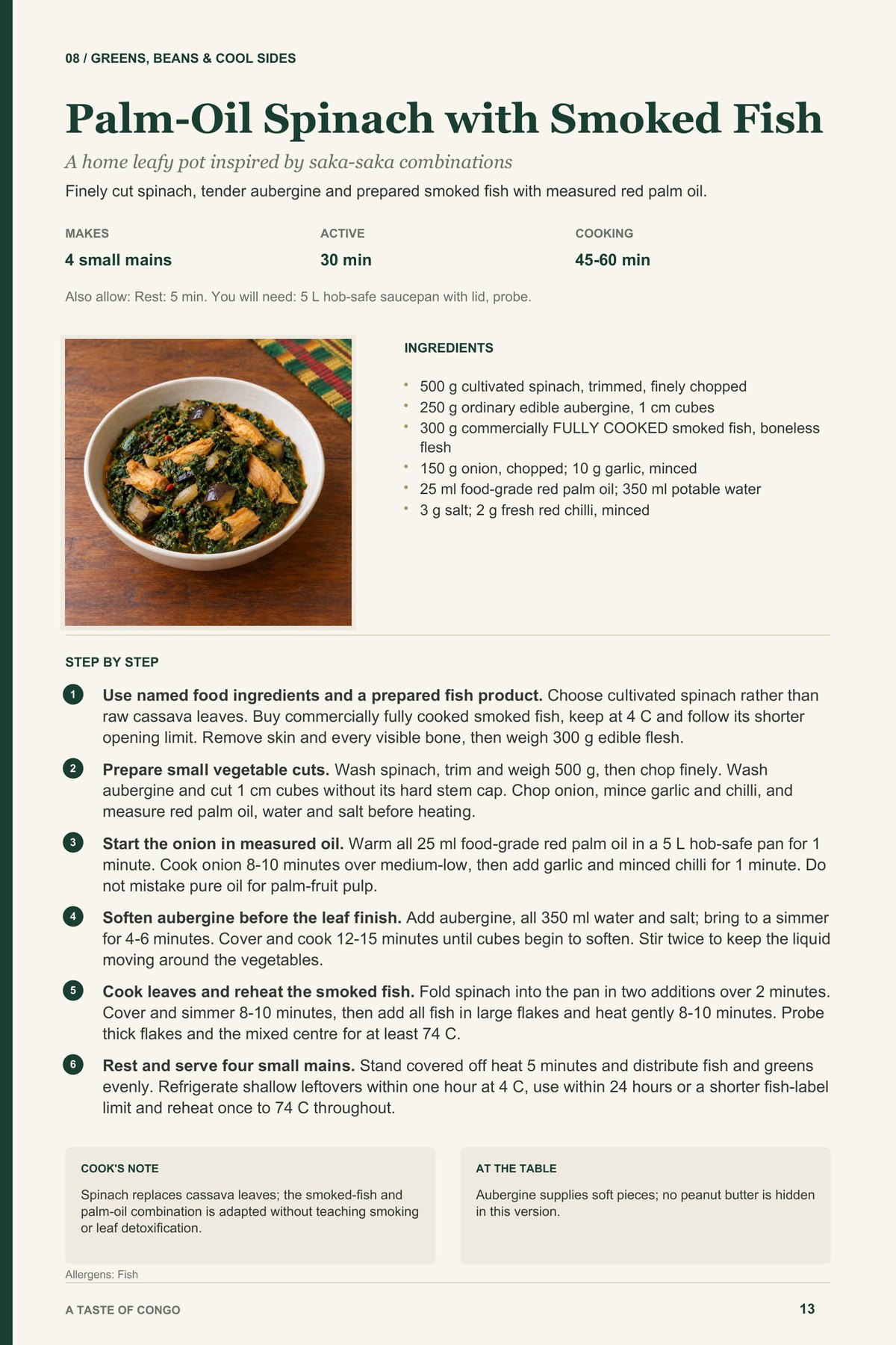 Palm-Oil Spinach with Smoked Fish recipe page from A Taste of Congo