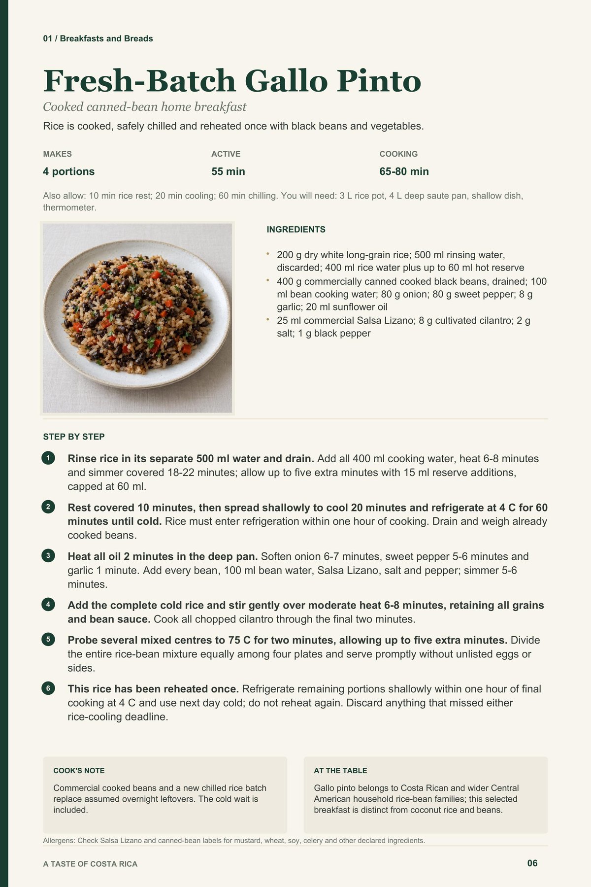 Fresh-Batch Gallo Pinto recipe page from A Taste of Costa Rica