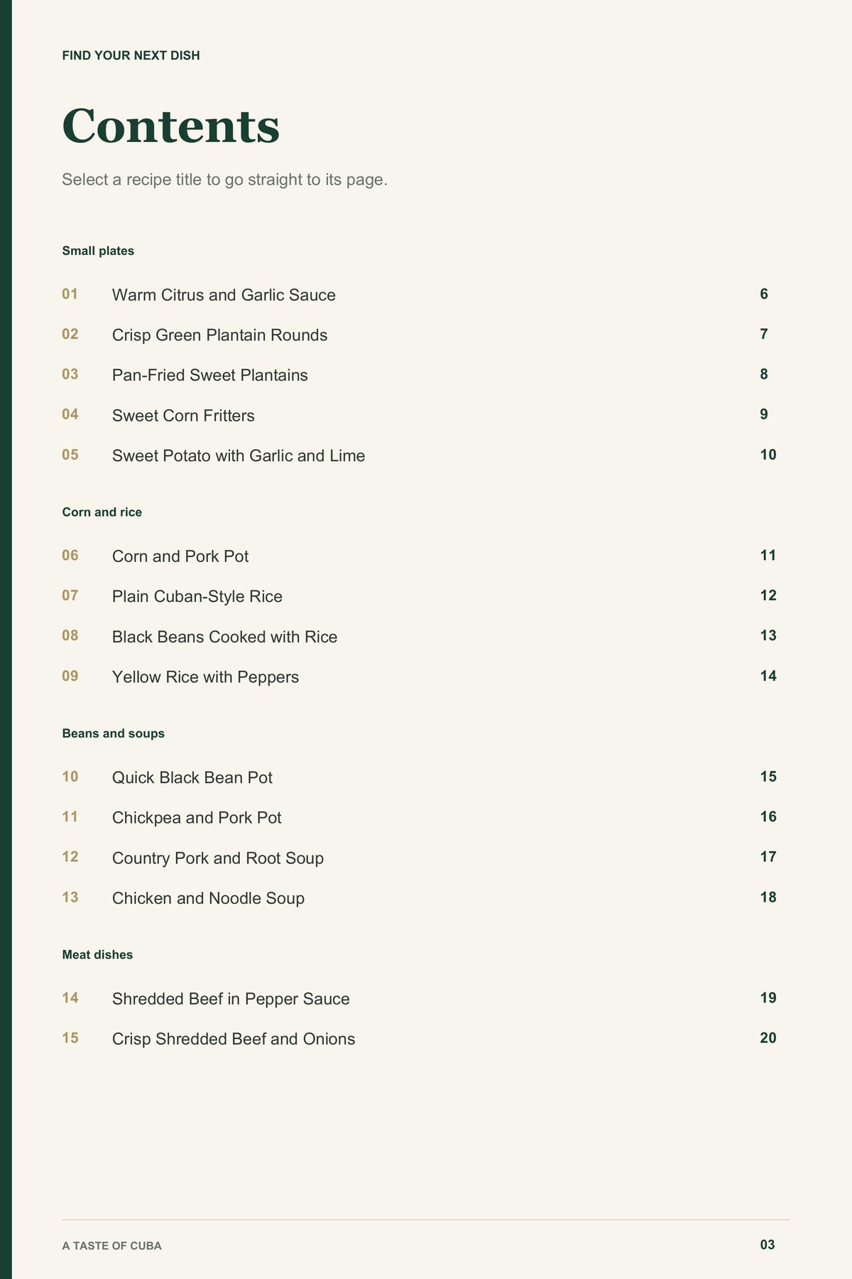 Contents, page 1 from A Taste of Cuba