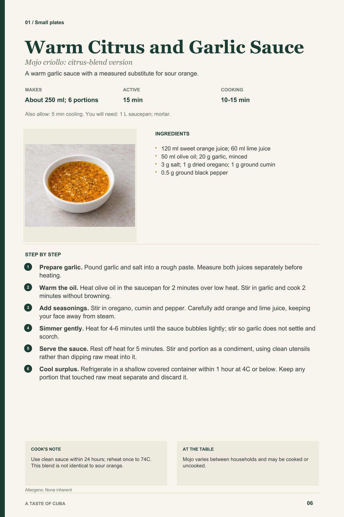 Warm Citrus and Garlic Sauce recipe page from A Taste of Cuba