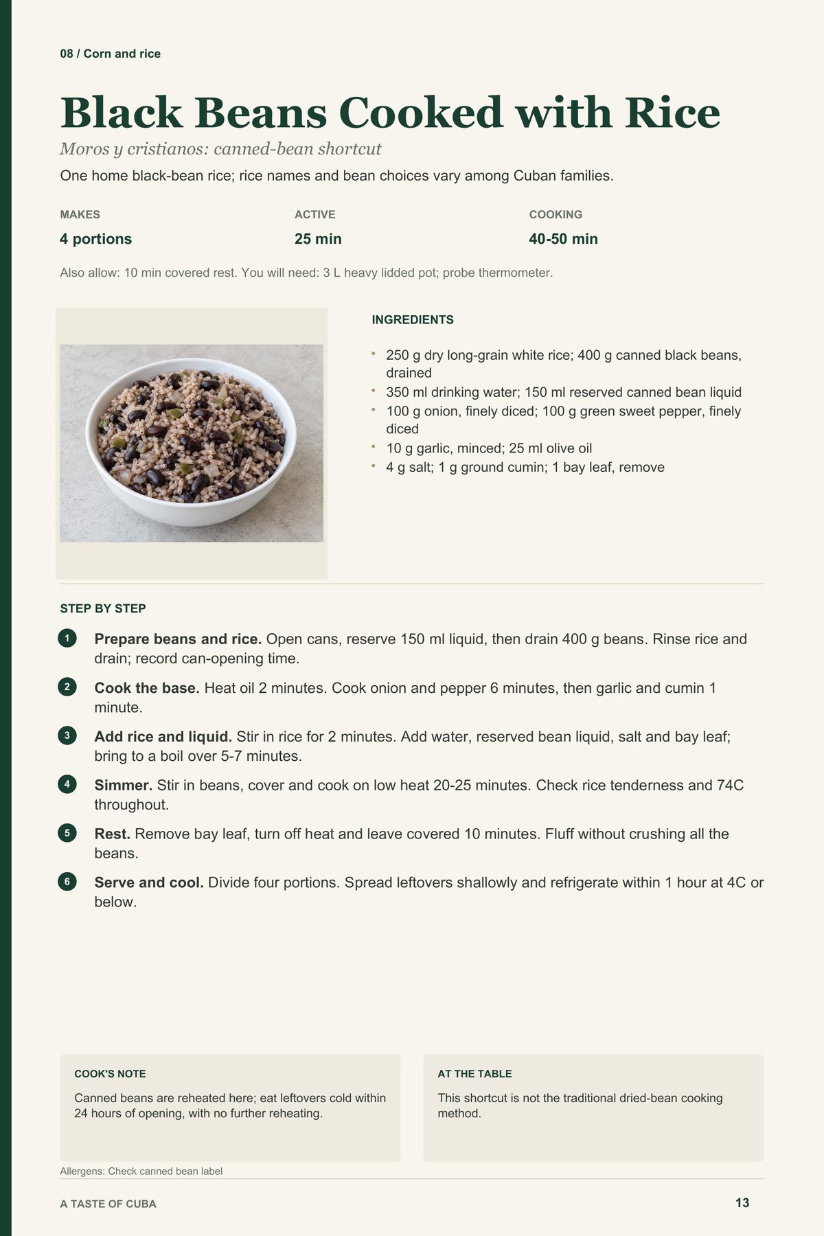 Black Beans Cooked with Rice recipe page from A Taste of Cuba