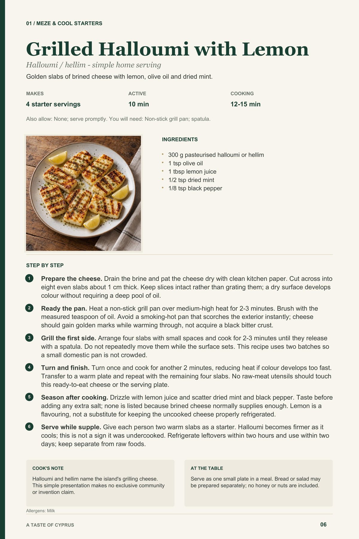 Grilled Halloumi with Lemon recipe page from A Taste of Cyprus