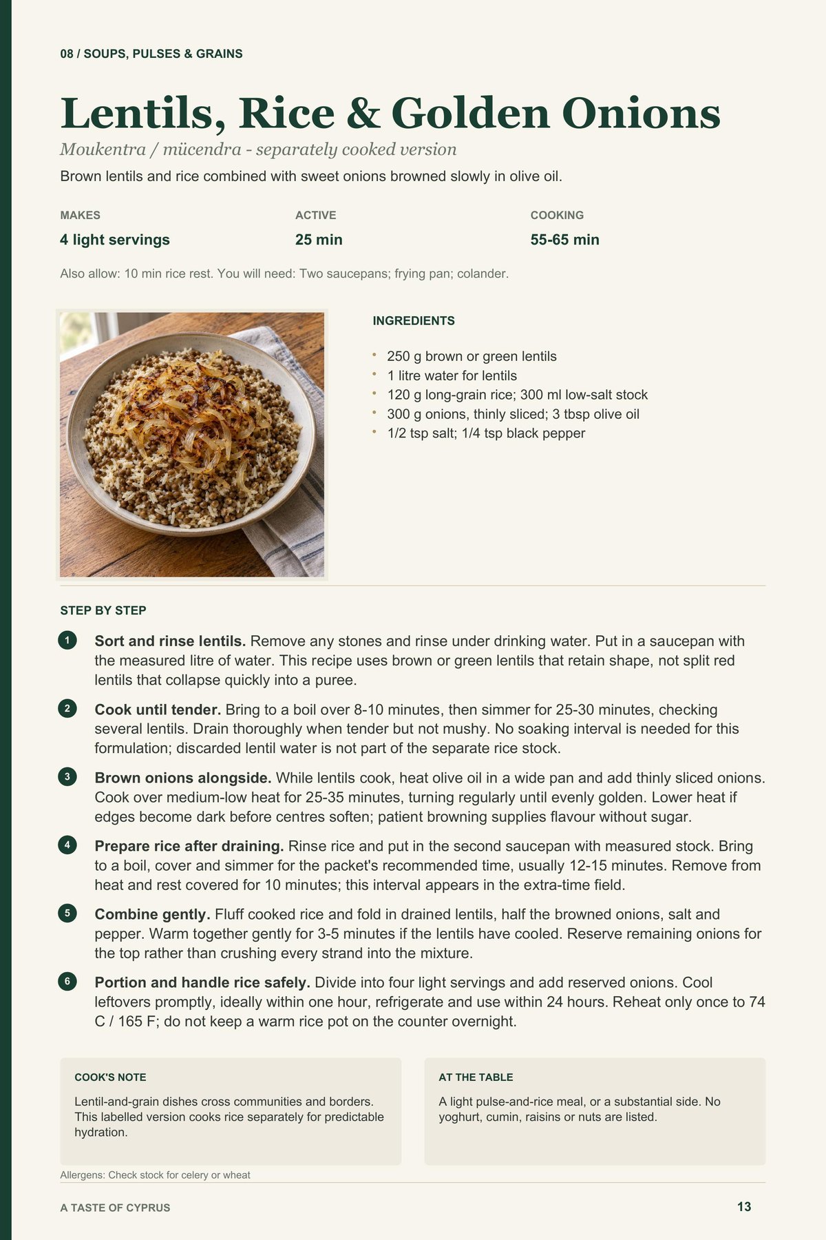 Lentils, Rice & Golden Onions recipe page from A Taste of Cyprus