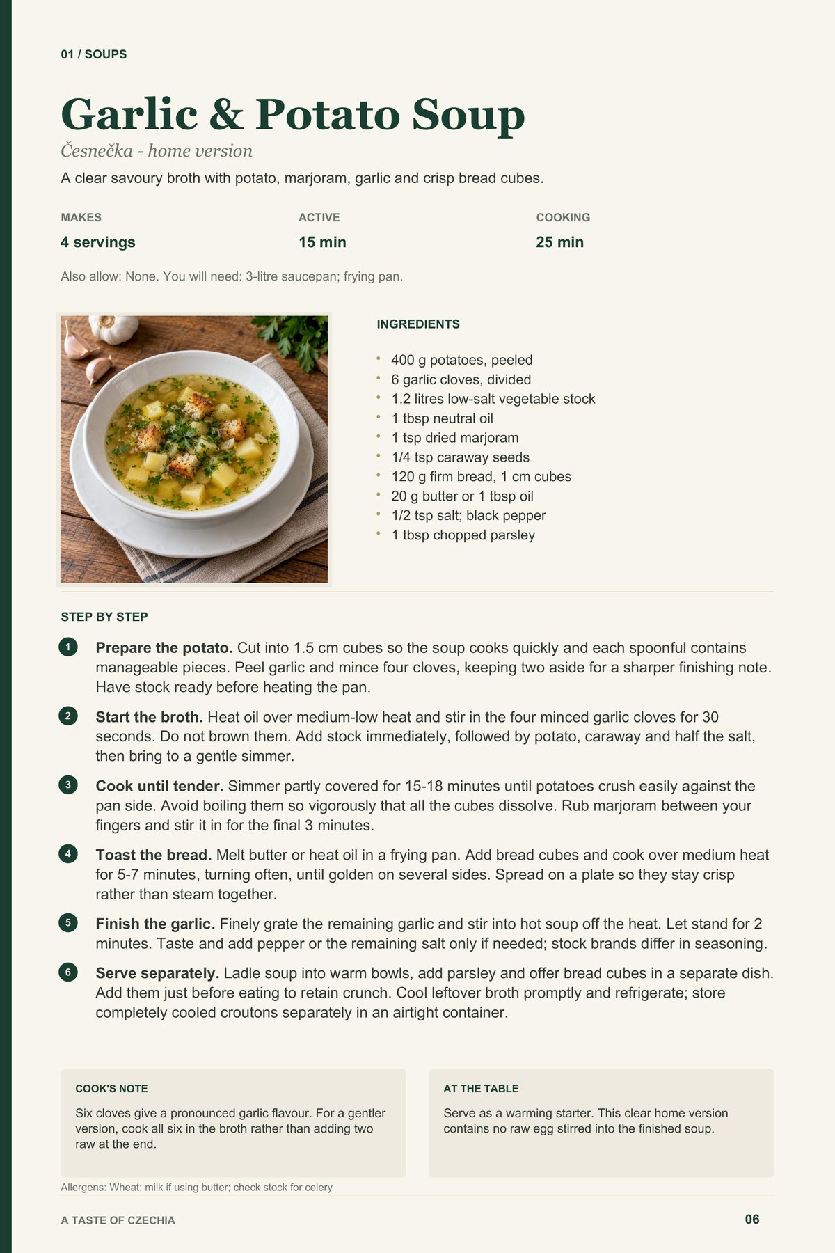 Garlic & Potato Soup recipe page from A Taste of Czechia