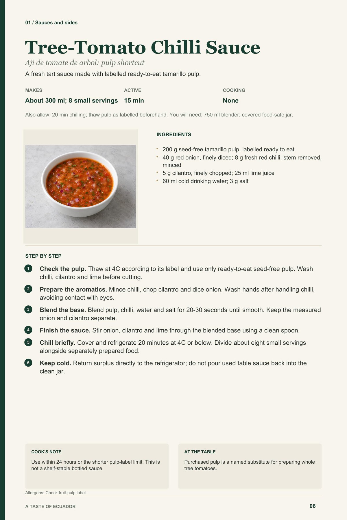 Tree-Tomato Chilli Sauce recipe page from A Taste of Ecuador