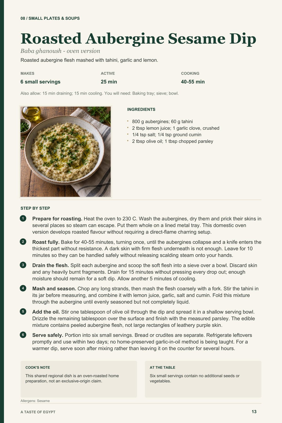 Roasted Aubergine Sesame Dip recipe page from A Taste of Egypt