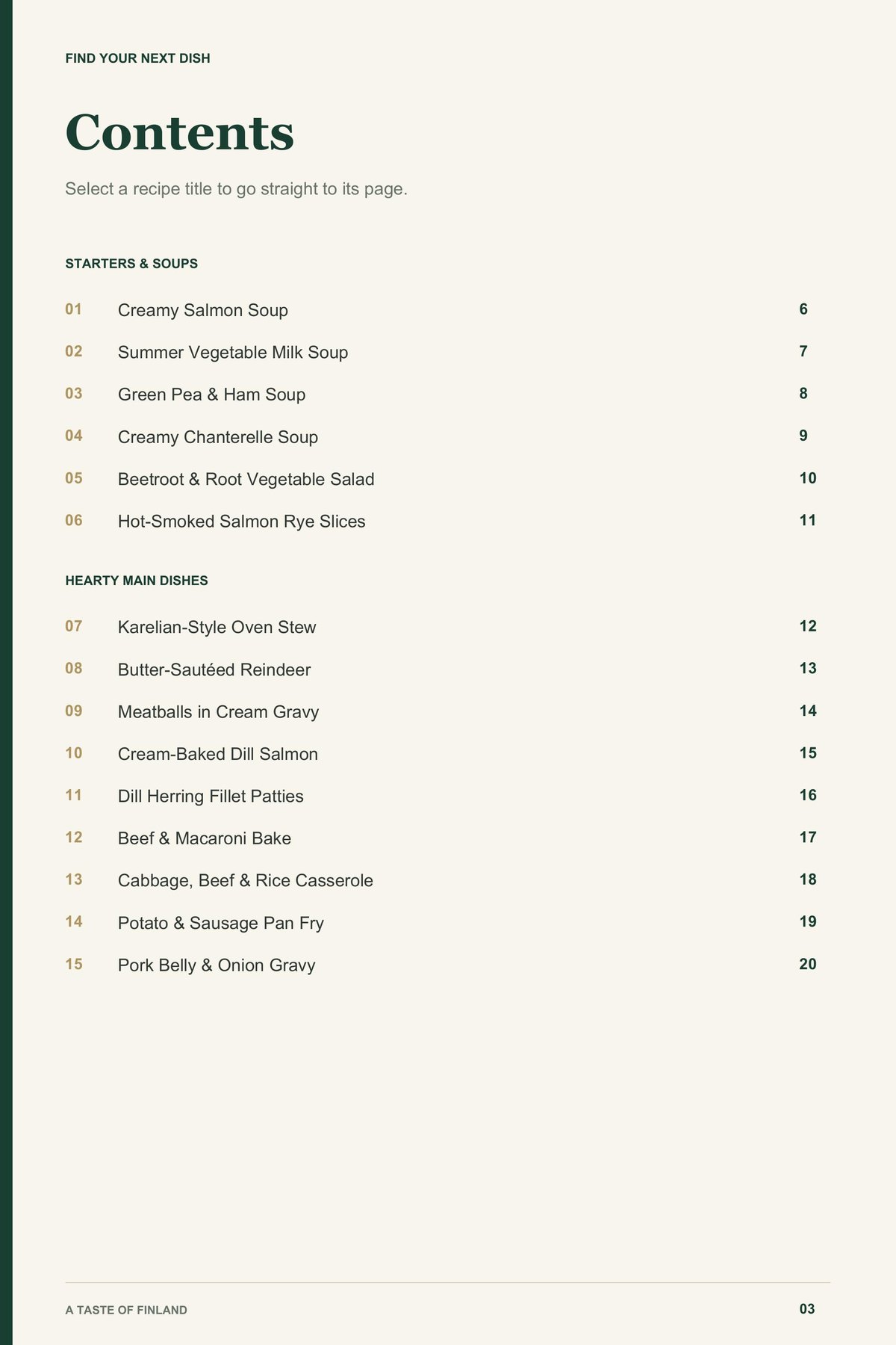 Contents, page 1 from A Taste of Finland