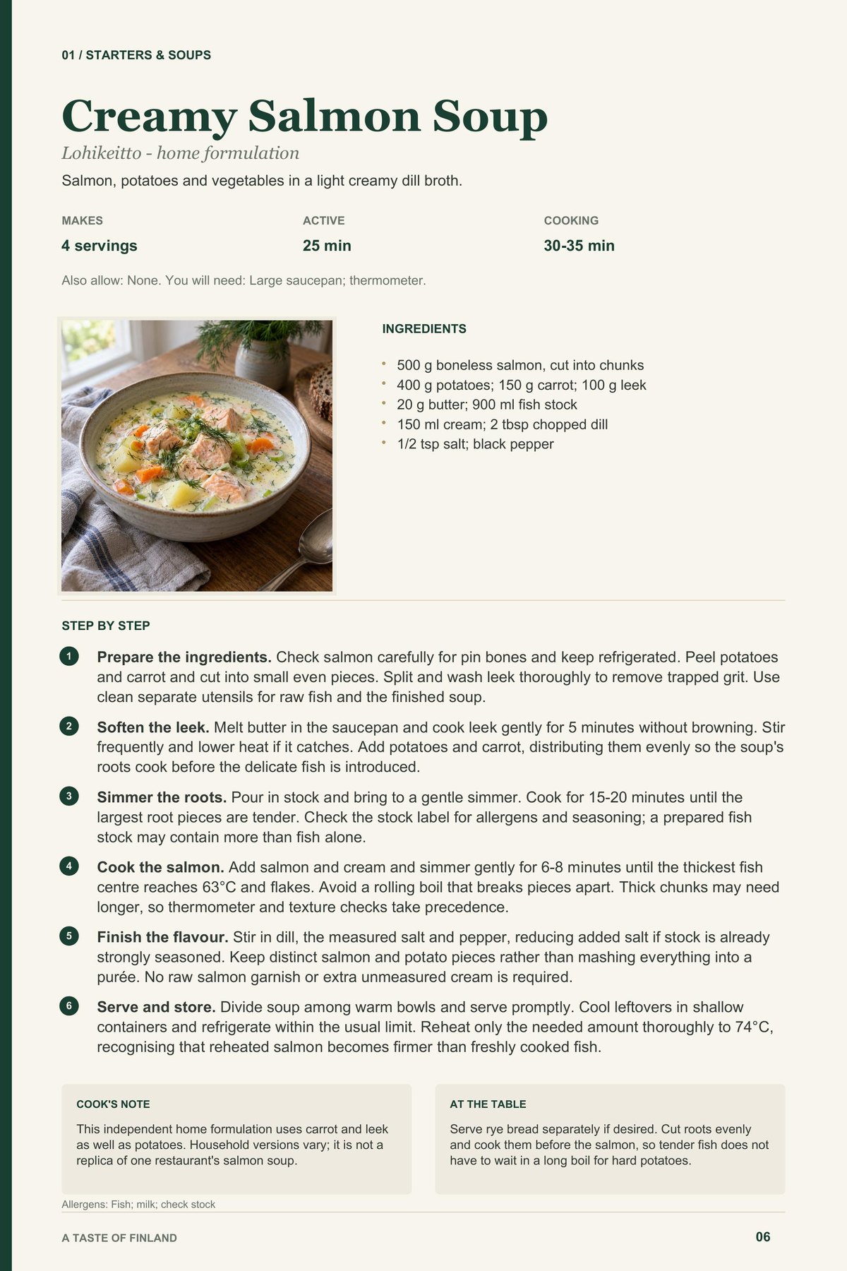 Creamy Salmon Soup recipe page from A Taste of Finland