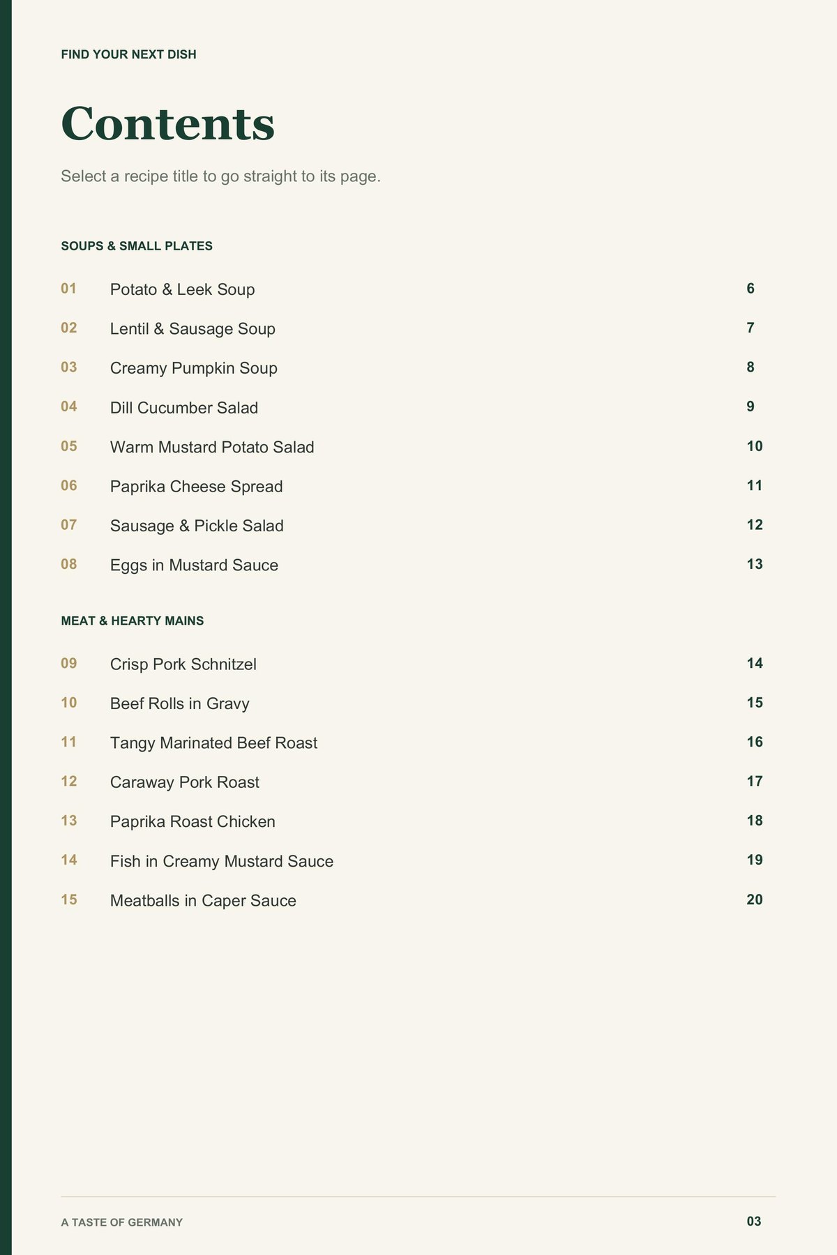Contents, page 1 from A Taste of Germany