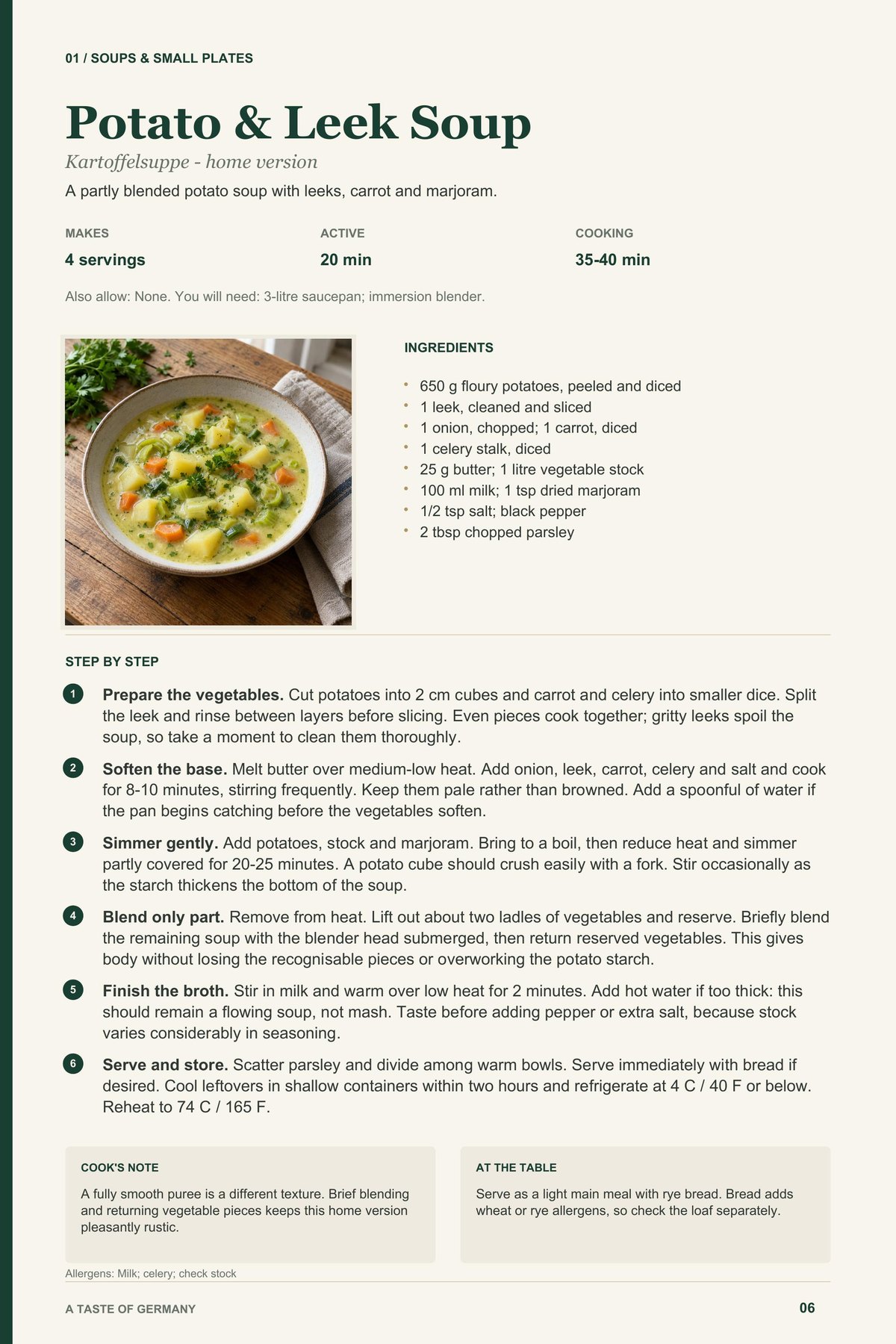Potato & Leek Soup recipe page from A Taste of Germany