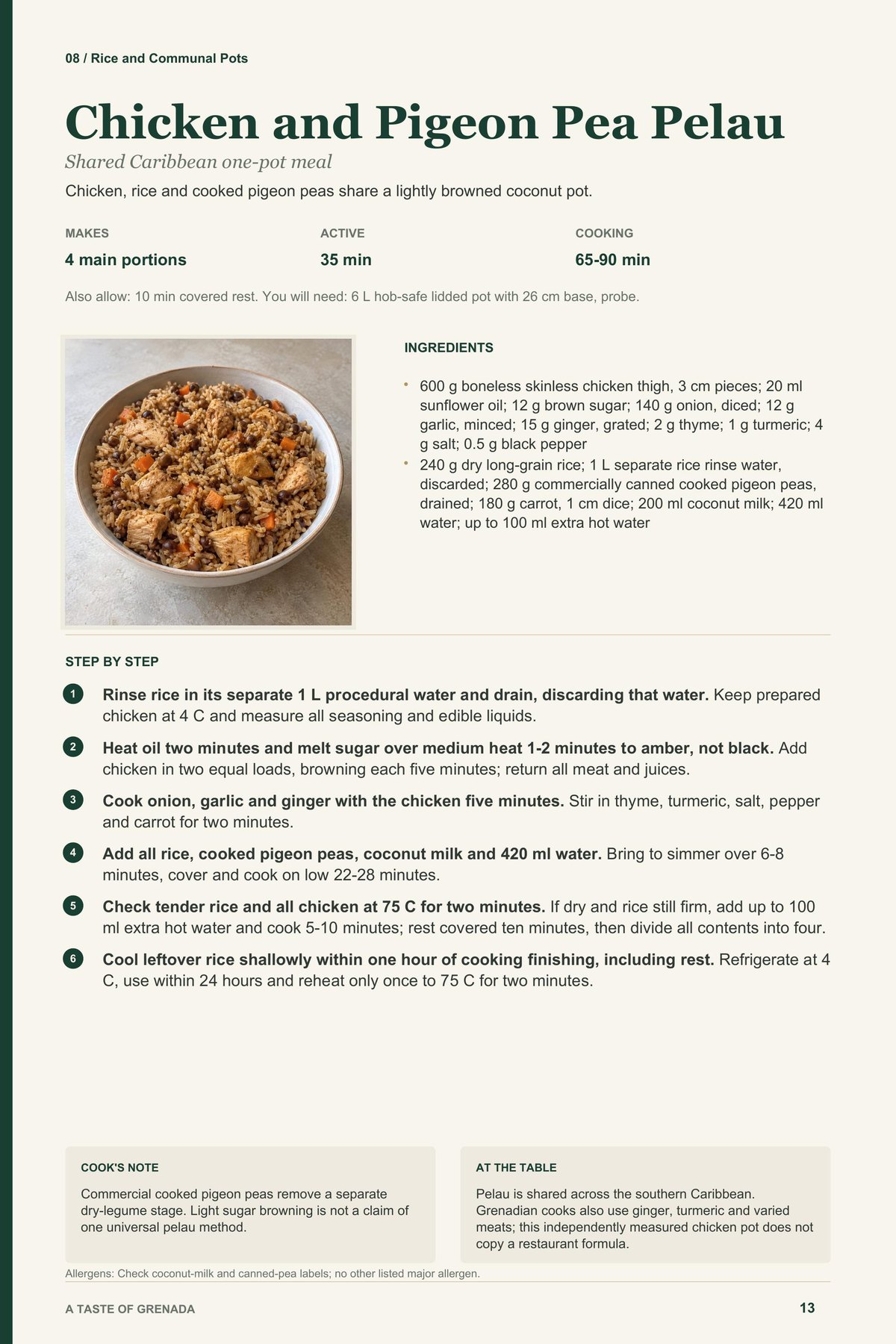 Chicken and Pigeon Pea Pelau recipe page from A Taste of Grenada