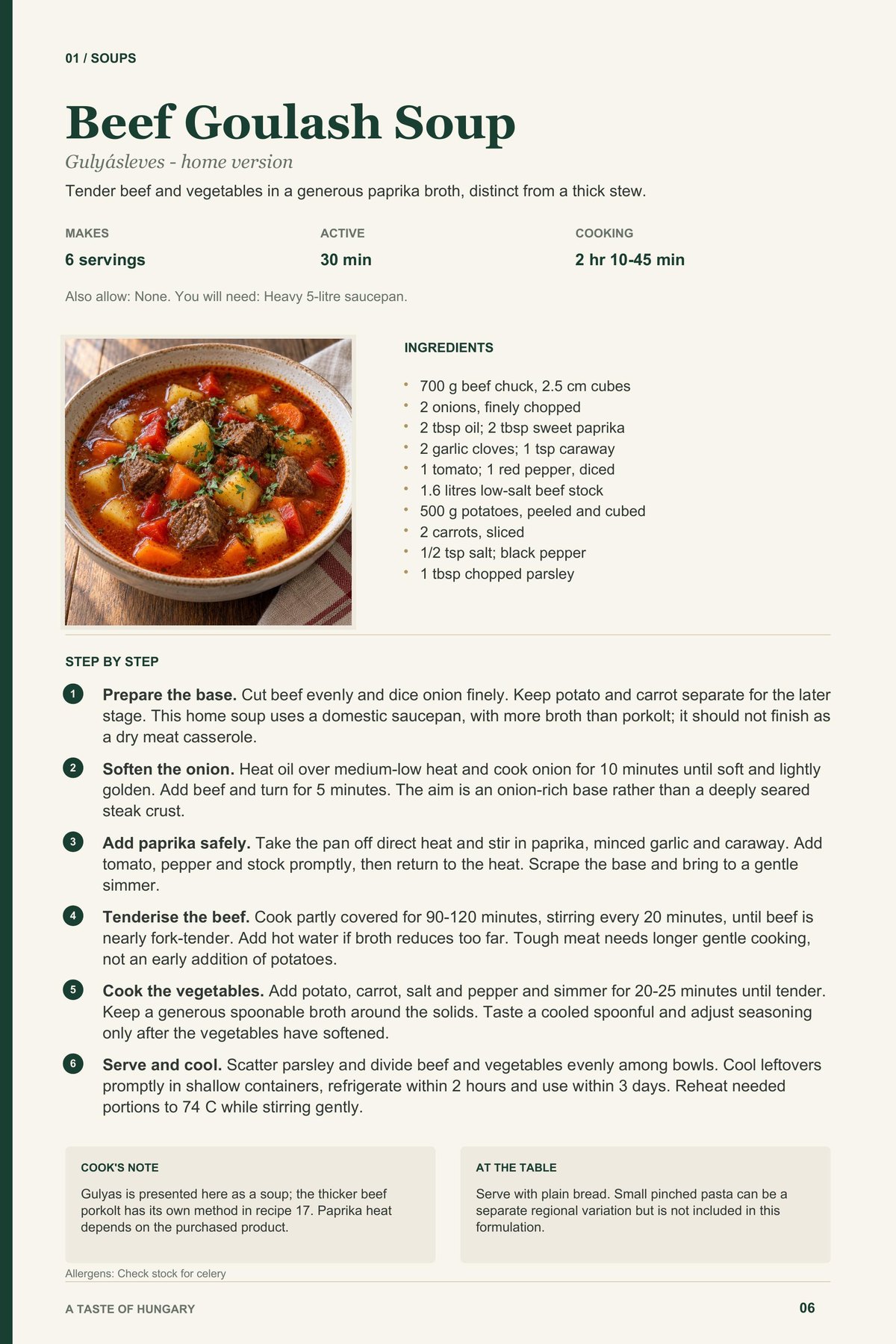 Beef Goulash Soup recipe page from A Taste of Hungary