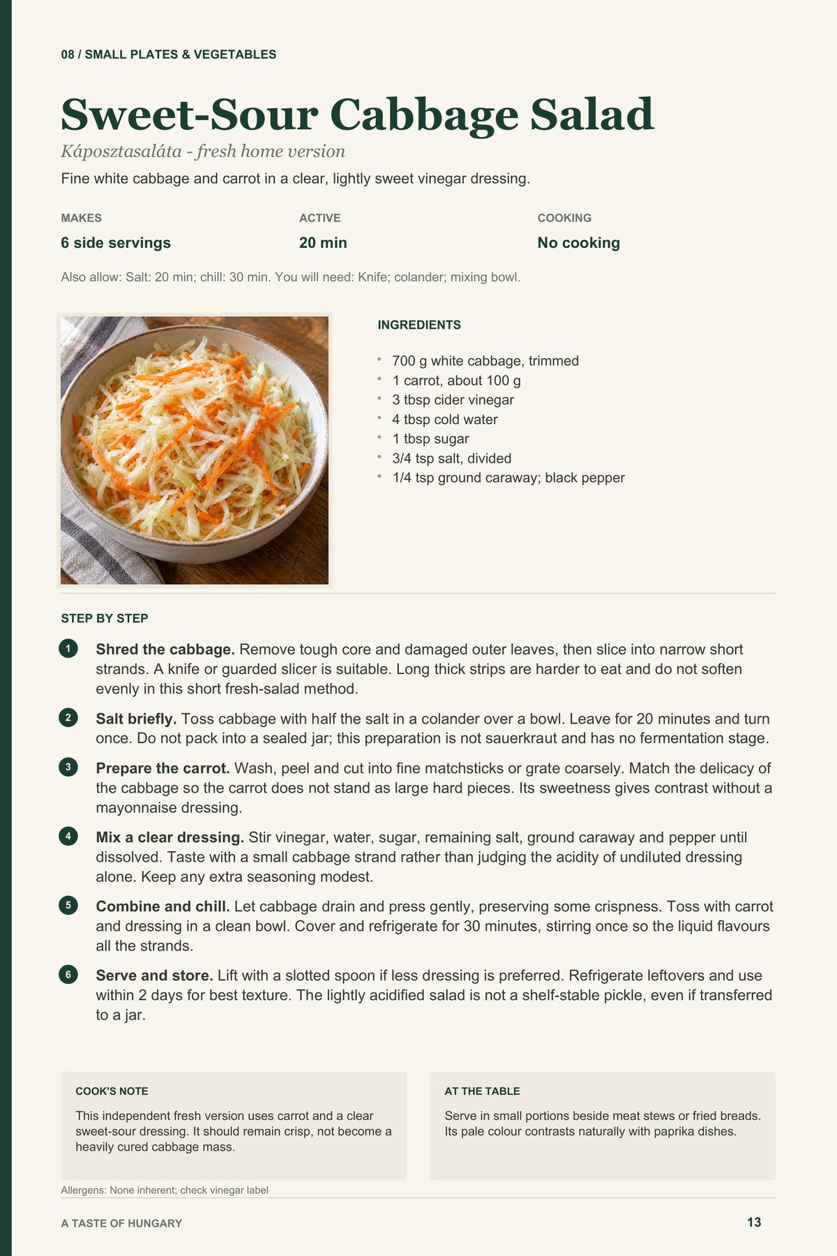 Sweet-Sour Cabbage Salad recipe page from A Taste of Hungary