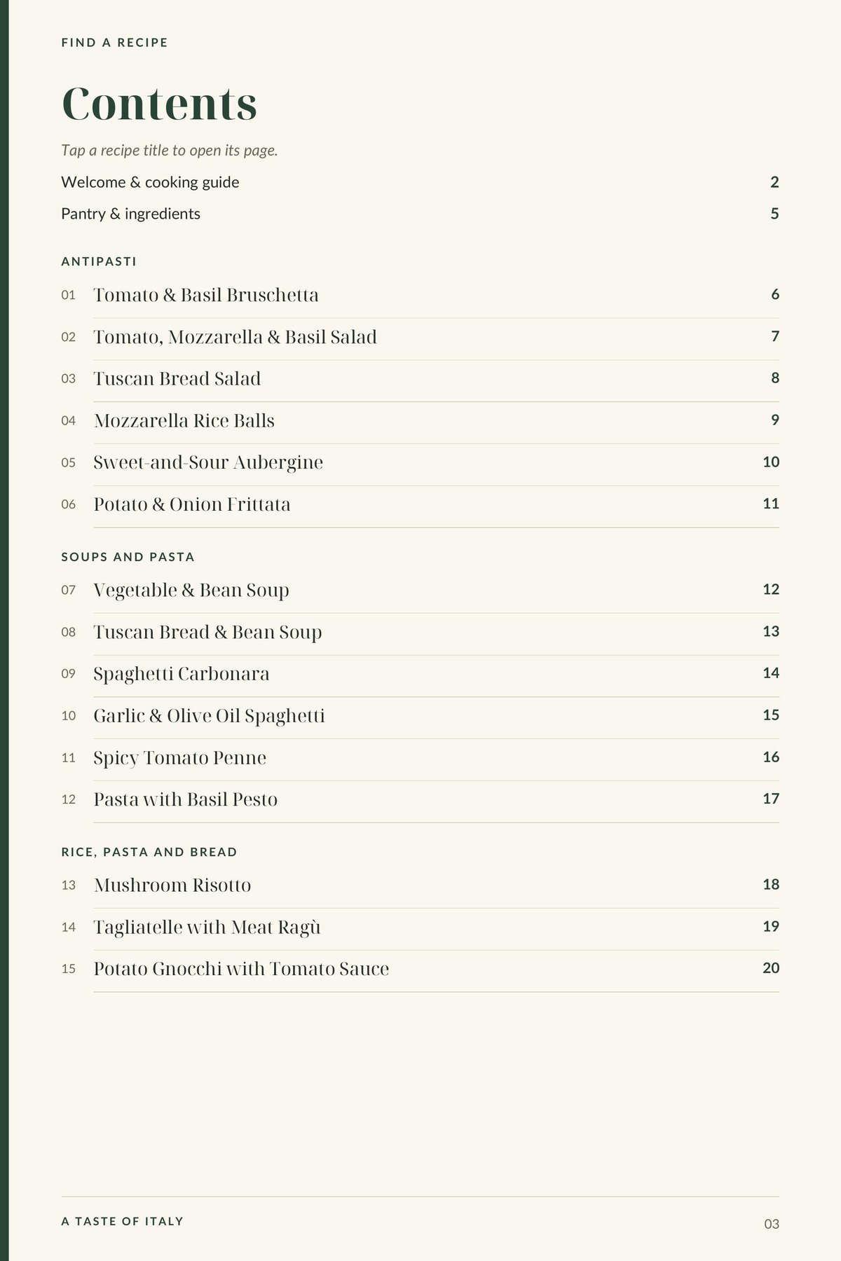 Contents, page 1 from A Taste of Italy