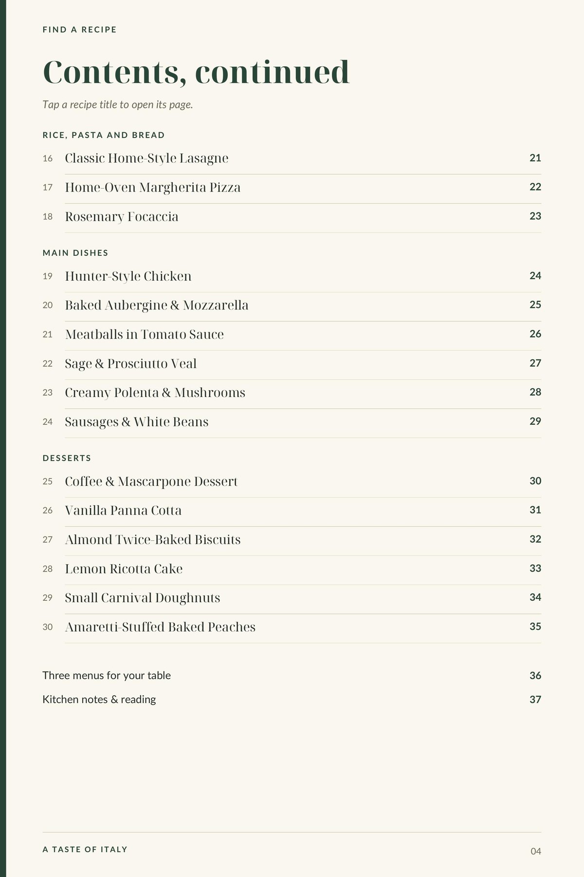Contents, page 2 from A Taste of Italy