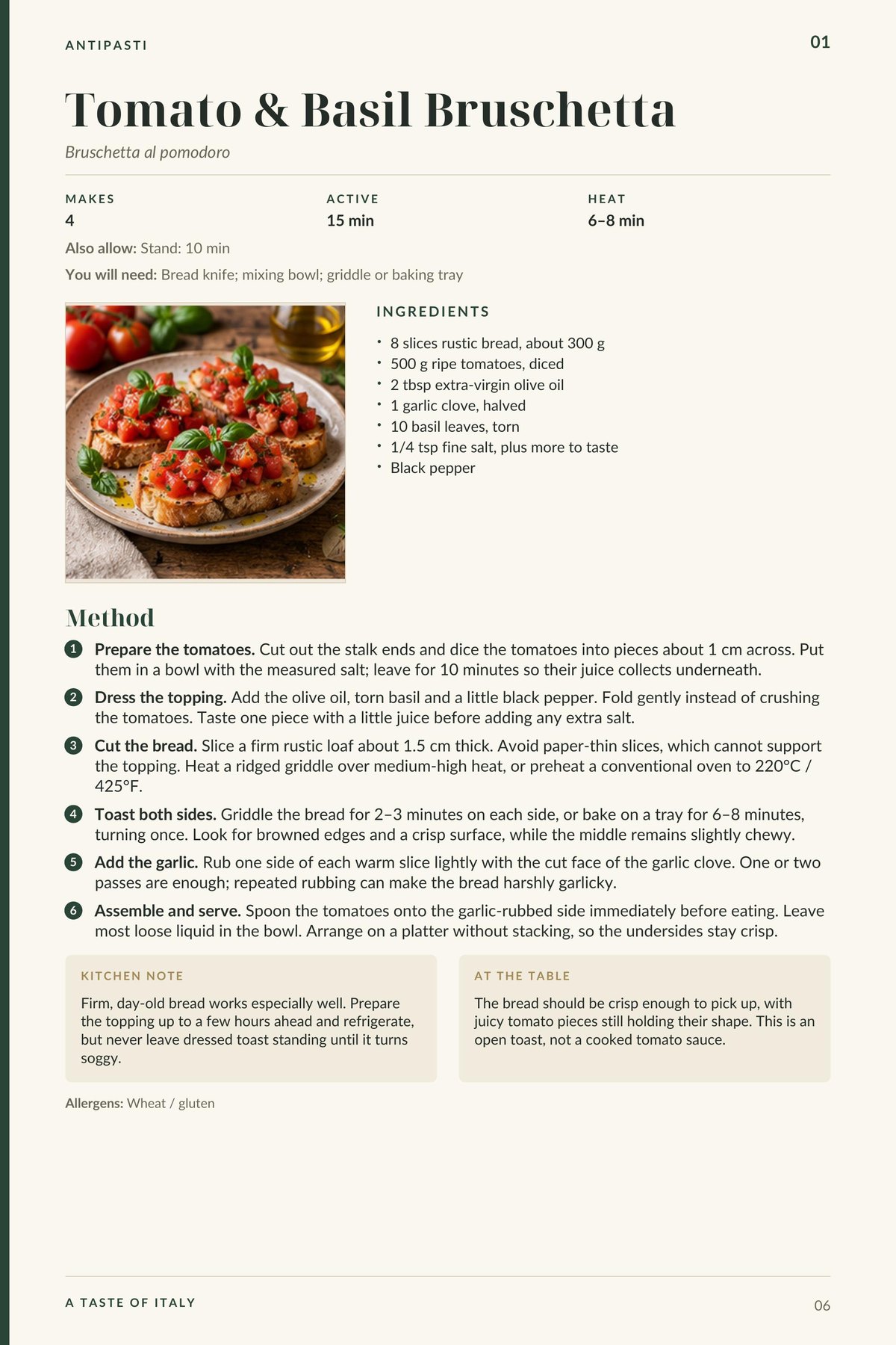 Tomato & Basil Bruschetta recipe page from A Taste of Italy