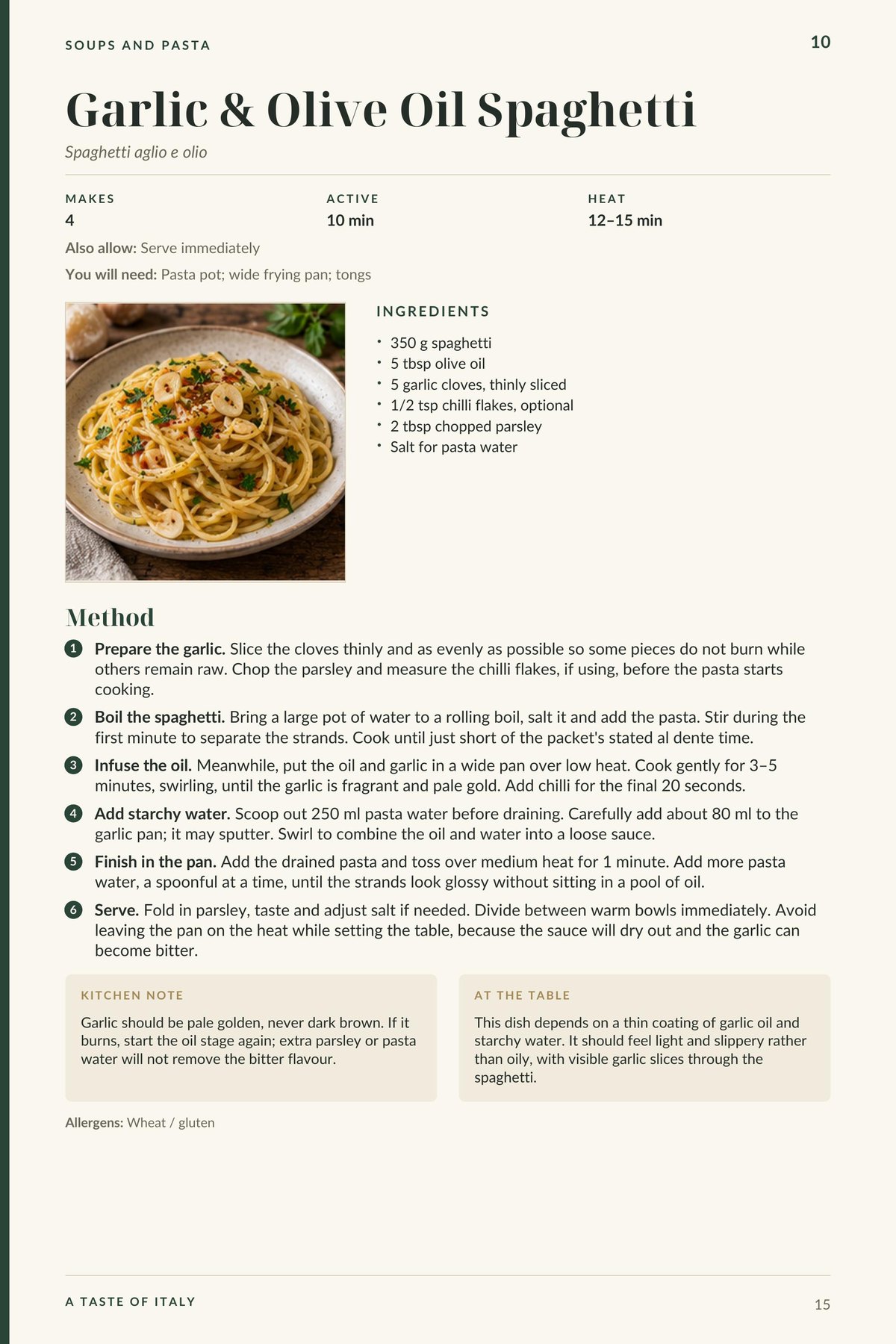 Garlic & Olive Oil Spaghetti recipe page from A Taste of Italy