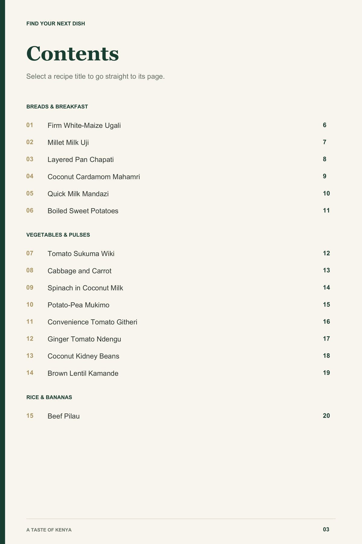 Contents, page 1 from A Taste of Kenya