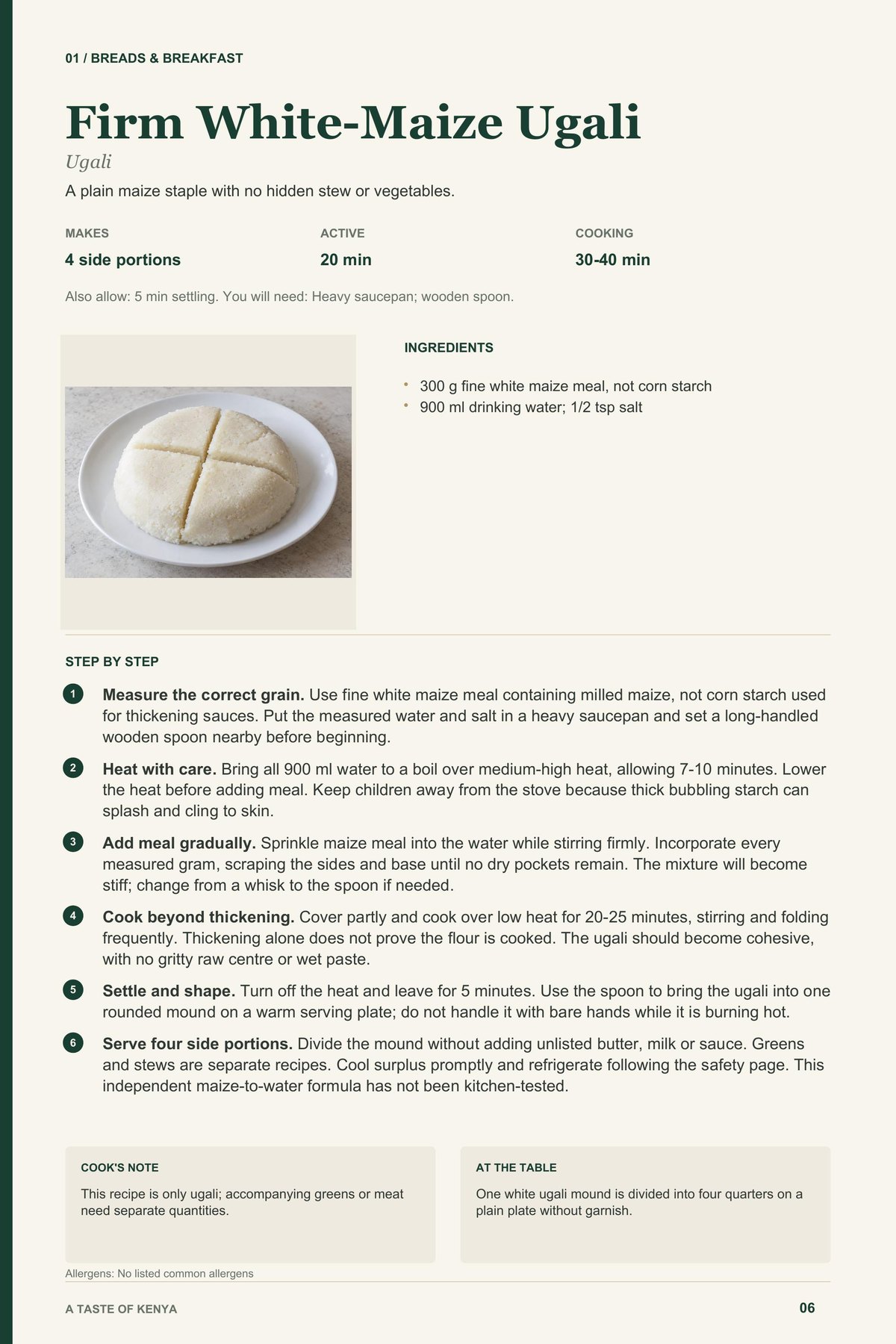 Firm White-Maize Ugali recipe page from A Taste of Kenya