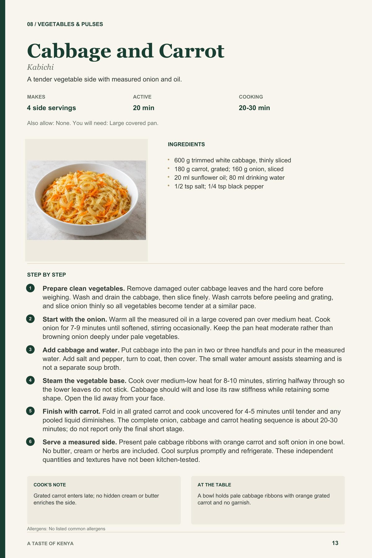 Cabbage and Carrot recipe page from A Taste of Kenya