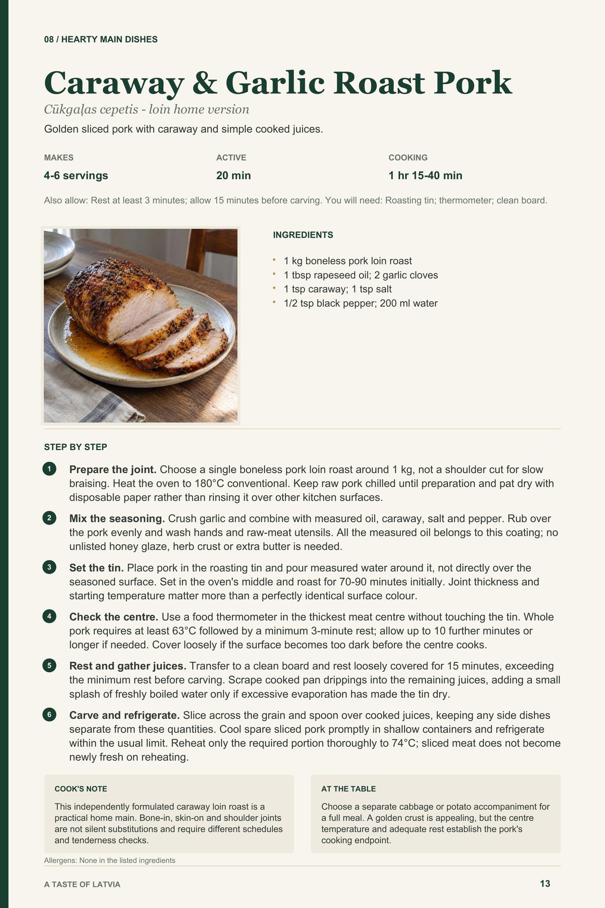 Caraway & Garlic Roast Pork recipe page from A Taste of Latvia