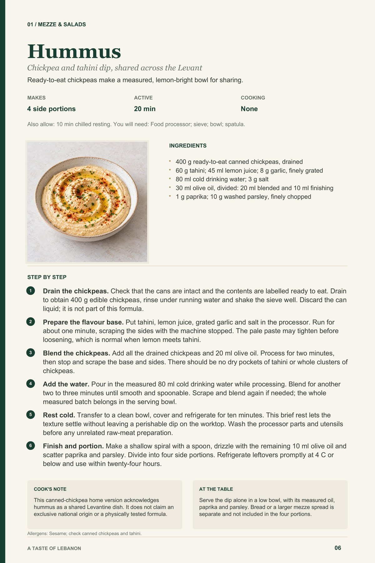 Hummus recipe page from A Taste of Lebanon