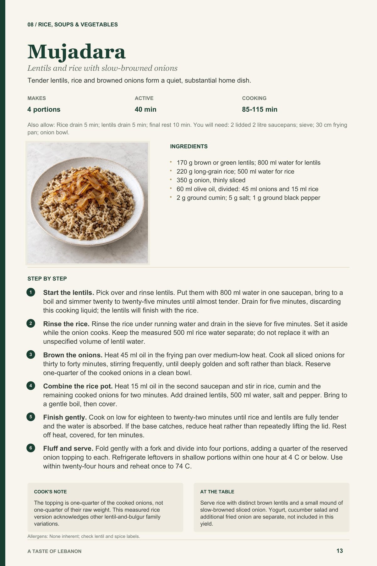 Mujadara recipe page from A Taste of Lebanon
