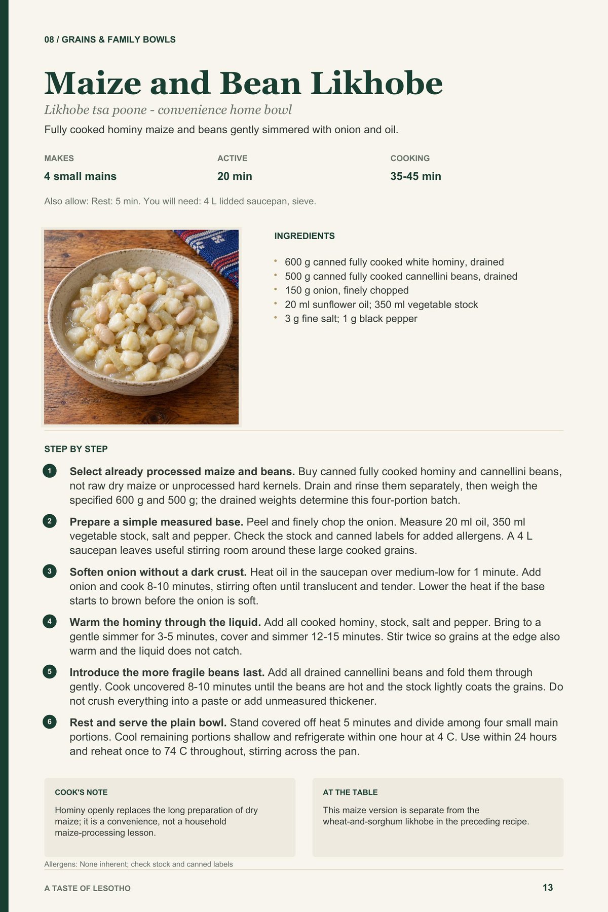 Maize and Bean Likhobe recipe page from A Taste of Lesotho